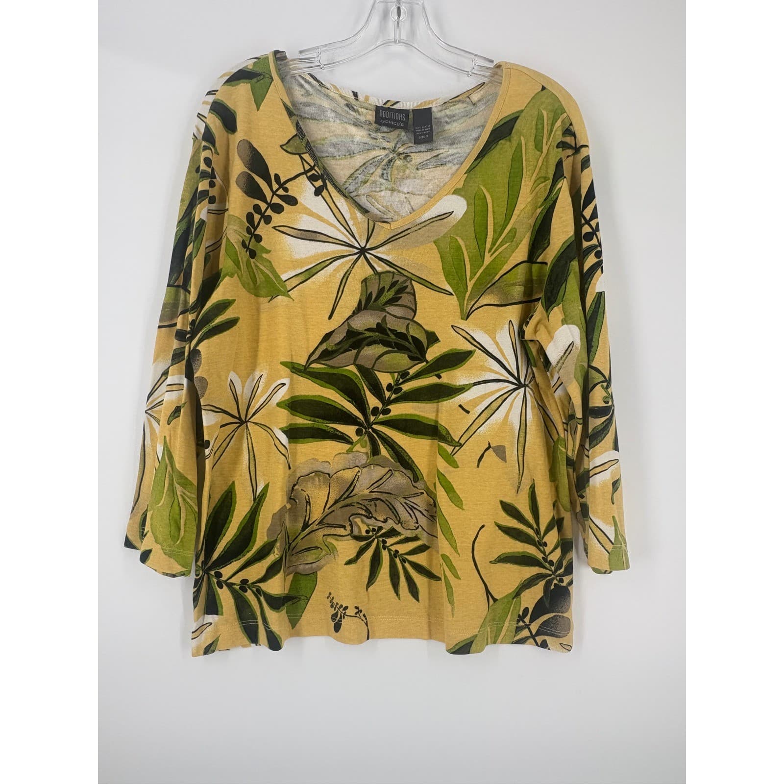 Additions by Chicos Yellow Tropical Leaf Print Long Sleeve V Neck Top Size 3 - Thumbnail 5