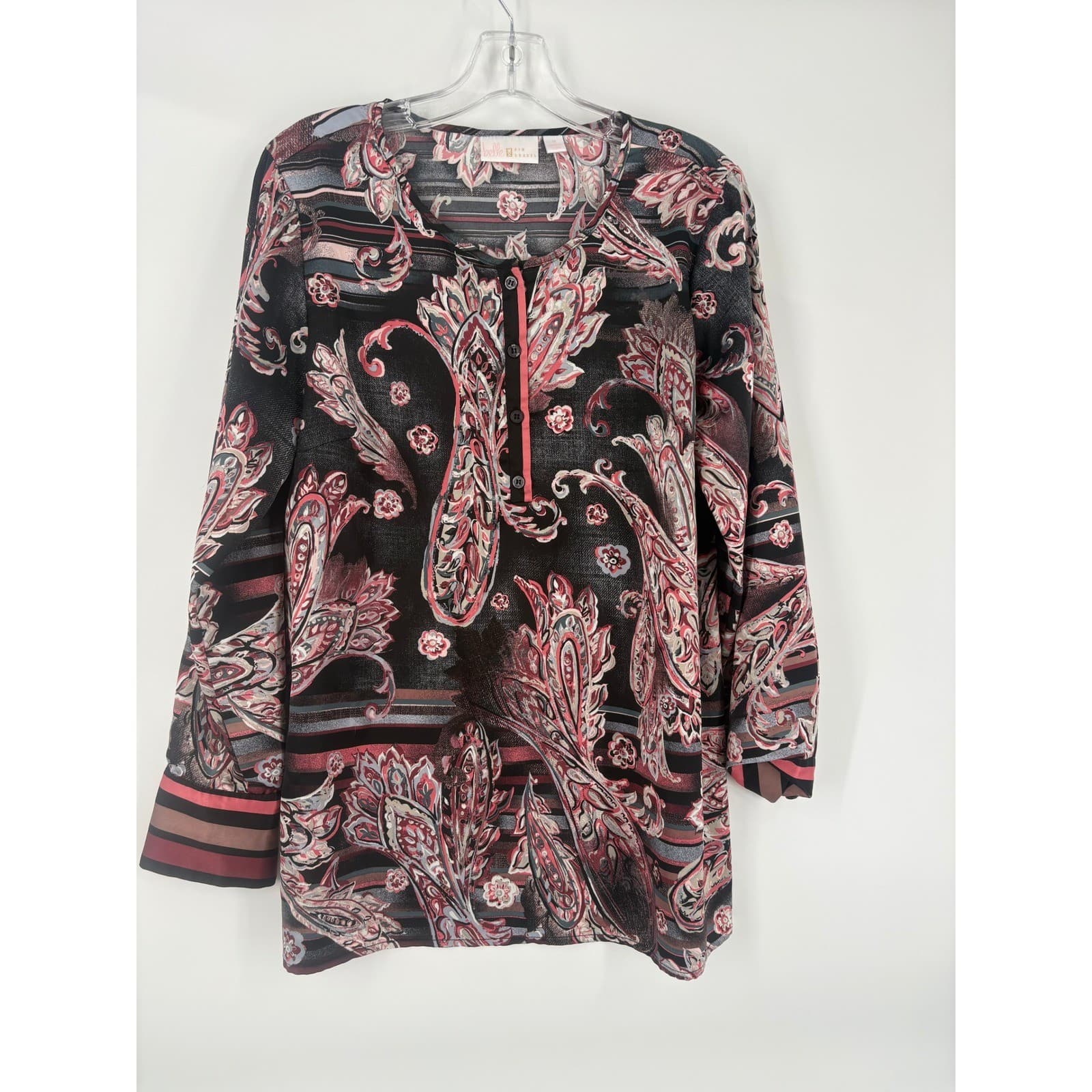 Belle Kim Gravel Paisley Print Long Sleeve Button Up Tunic Top Women's M - Thumbnail 5