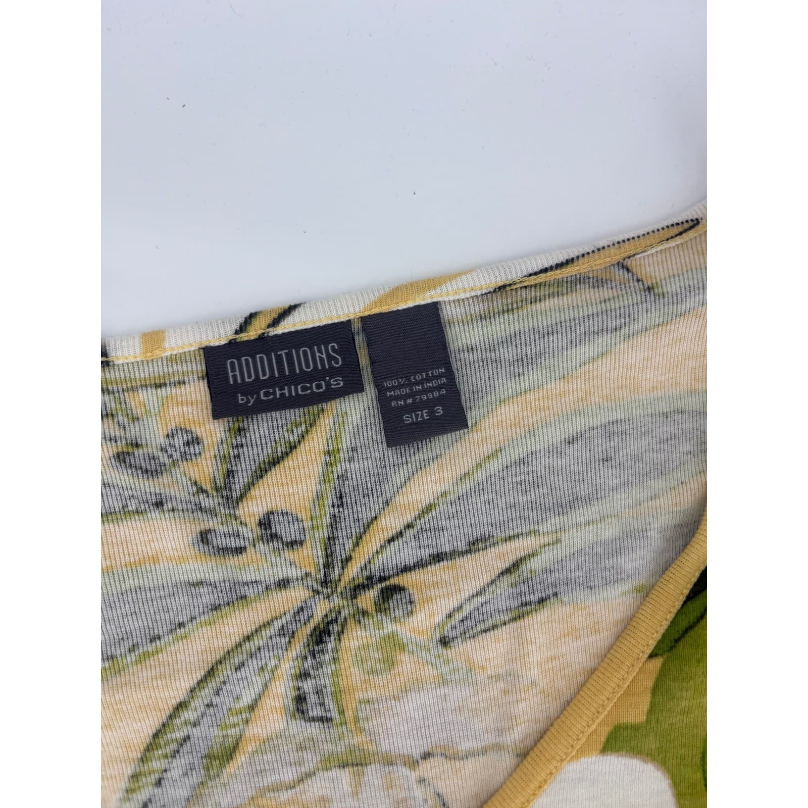 Additions by Chicos Yellow Tropical Leaf Print Long Sleeve V Neck Top Size 3 - Thumbnail 2