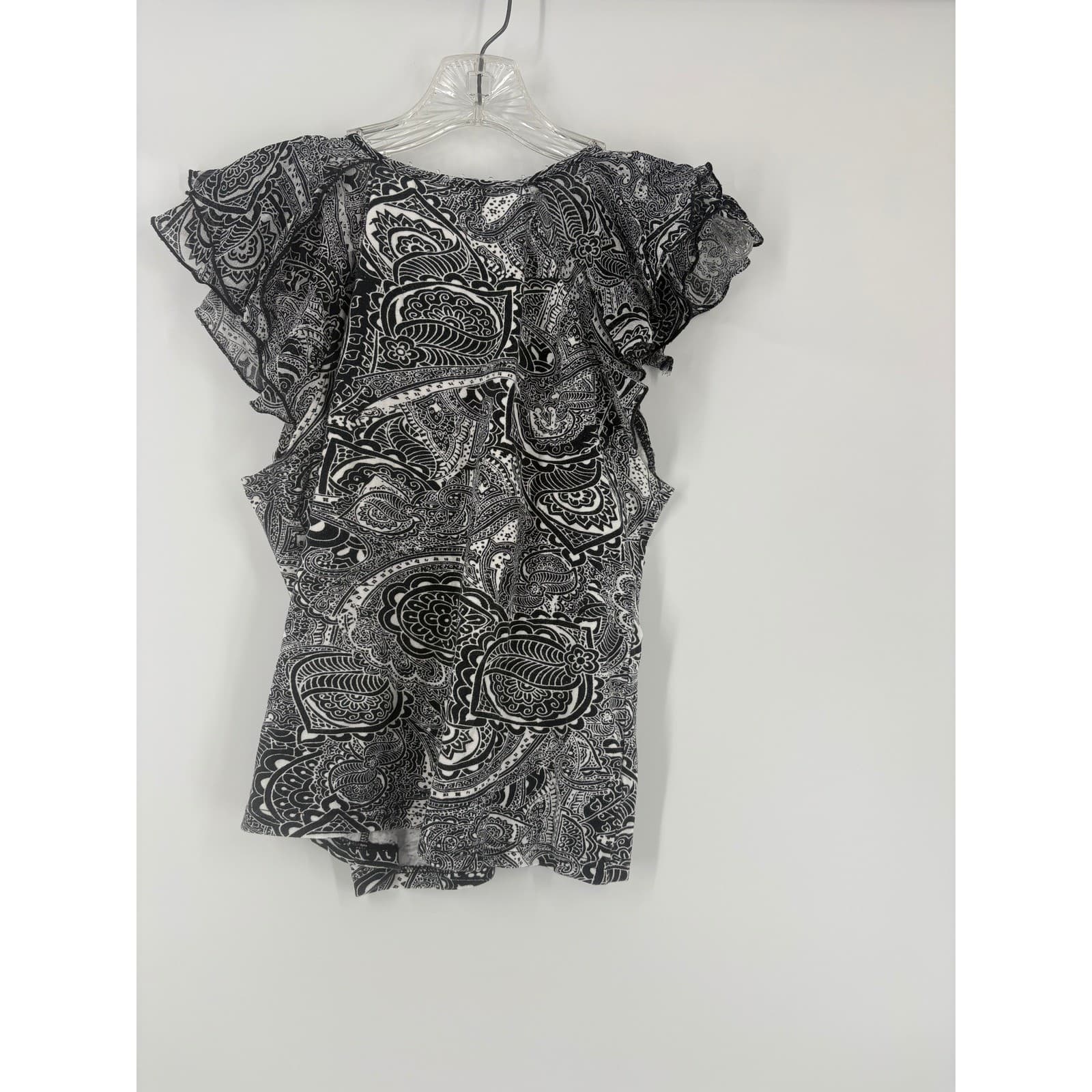 Ada Black White Paisley Flutter Sleeve V Neck Blouse Top Women's Size M - Thumbnail 2