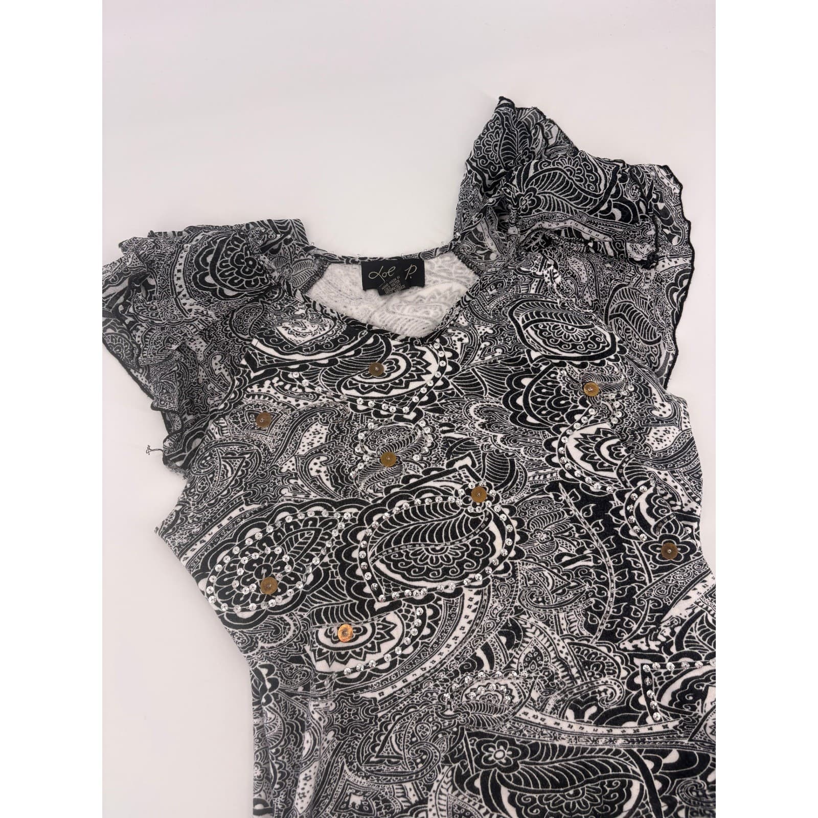 Ada Black White Paisley Flutter Sleeve V Neck Blouse Top Women's Size M - Thumbnail 3