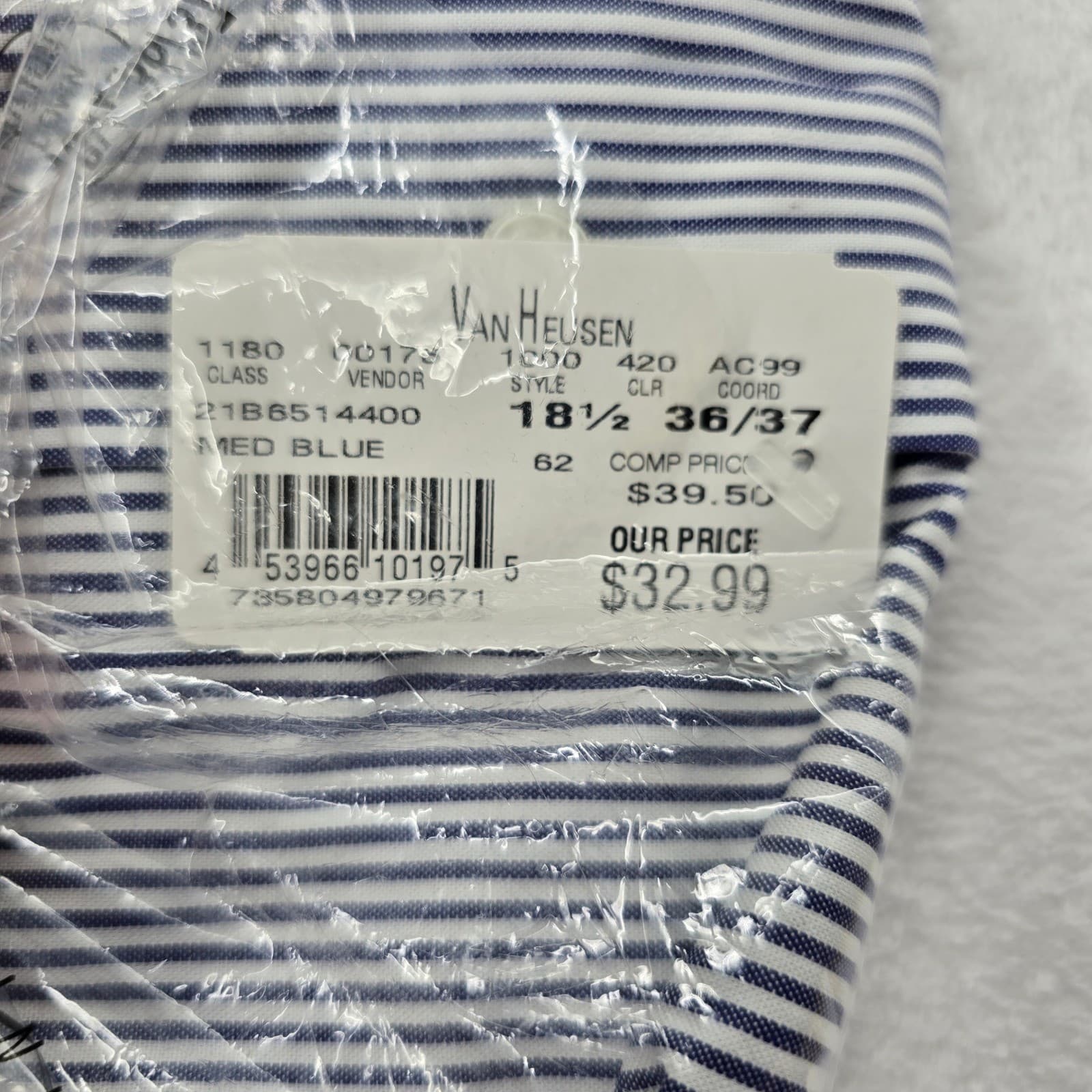 Van Heusen Dress Shirt Mens 18.5 36/37 Button Down Blue Striped Pinpoint Oxford - Thumbnail 5