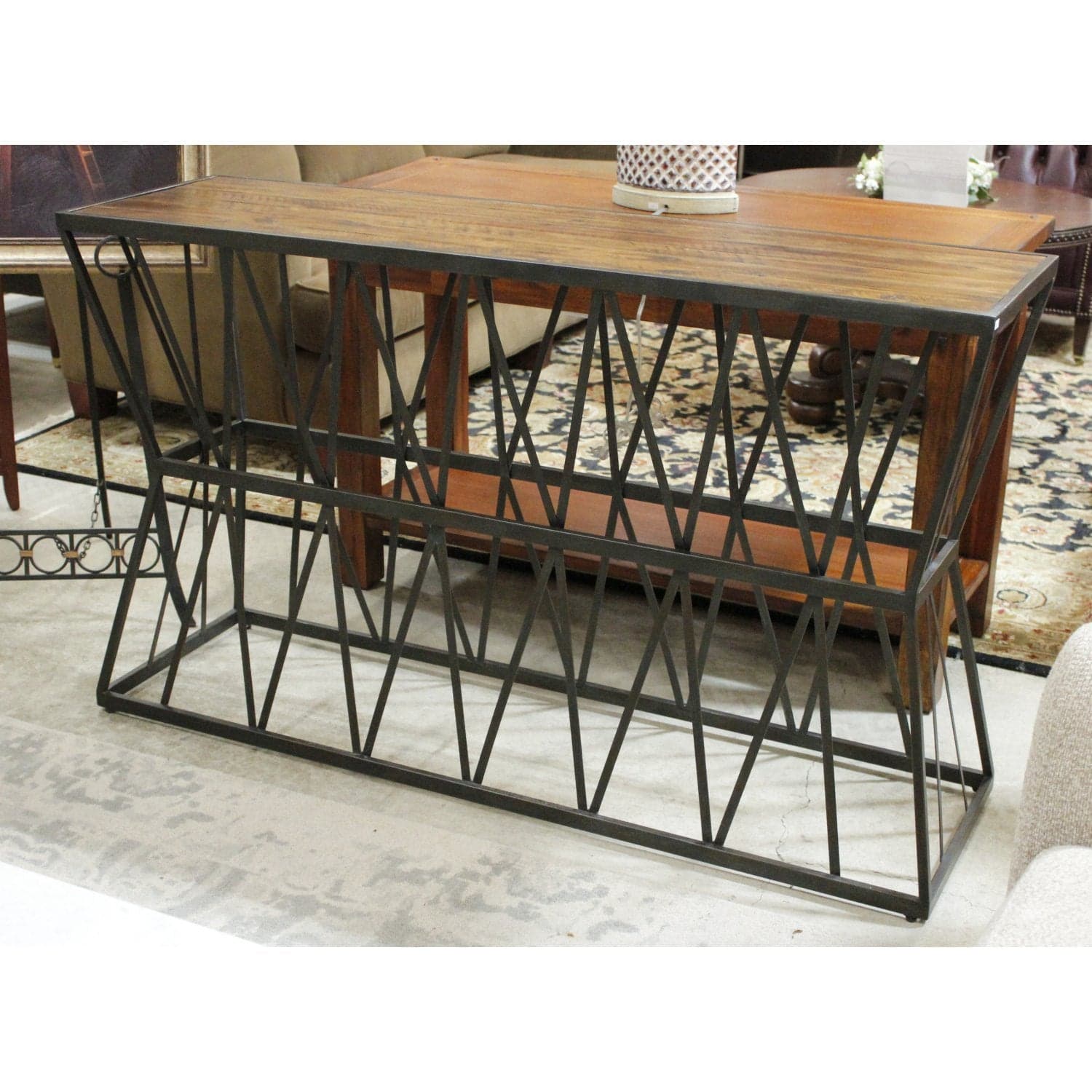 Hooker Furniture Rustic Plank & Metal Strap Console Table - Two-Tone - Thumbnail 3