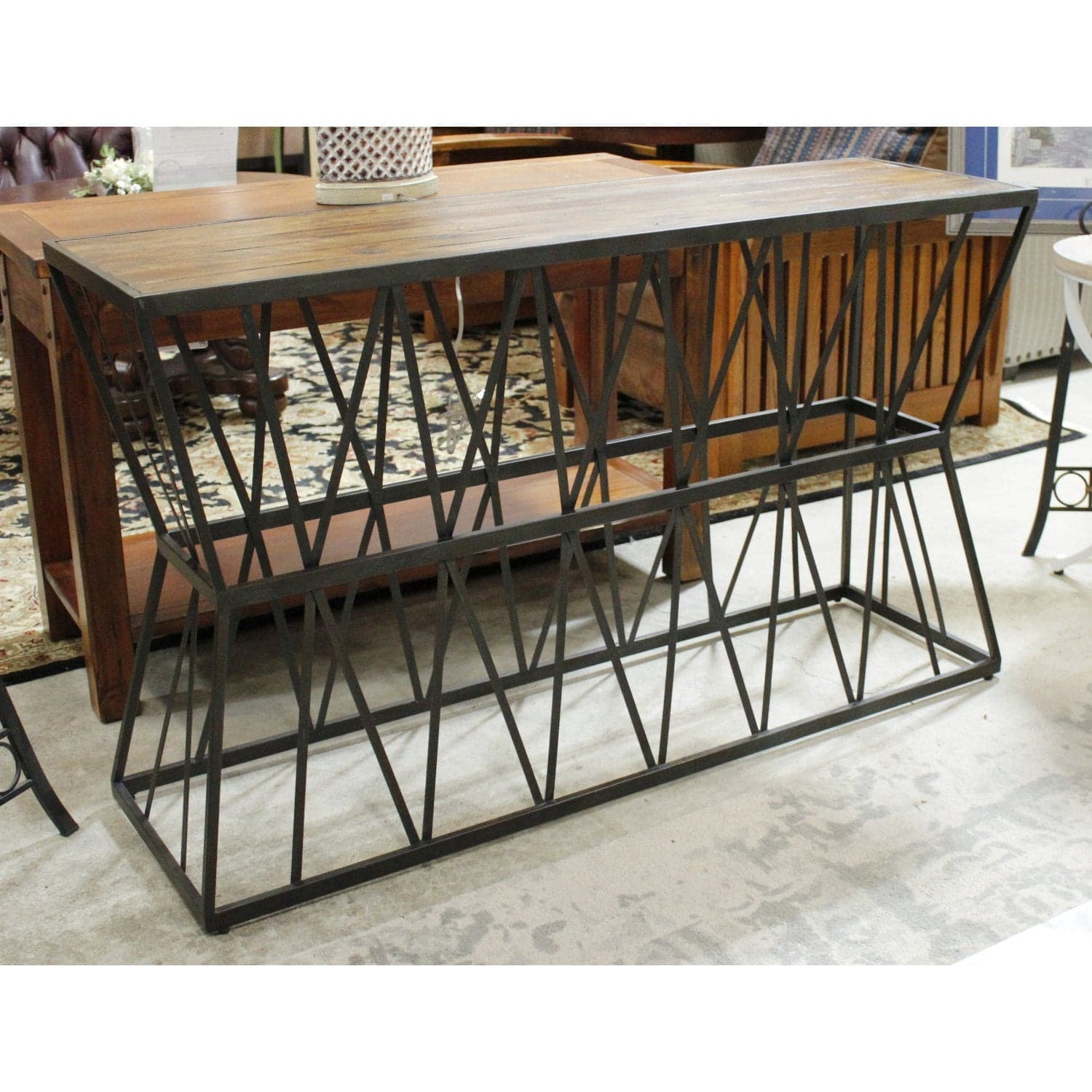 Hooker Furniture Rustic Plank & Metal Strap Console Table - Two-Tone - Thumbnail 2