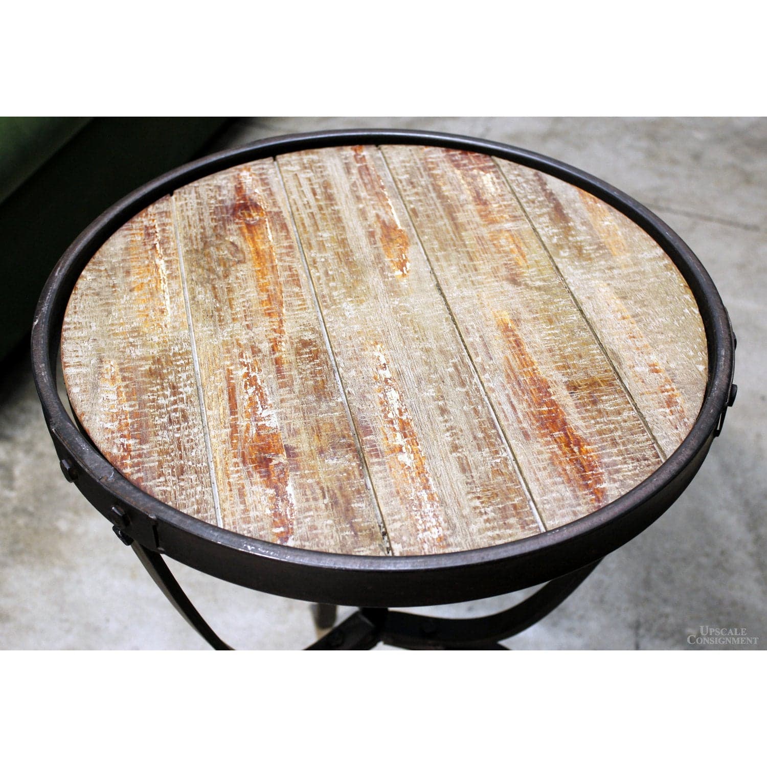 Round Rustic Accent Table w/Wrought Iron Frame & Trim - Thumbnail 2
