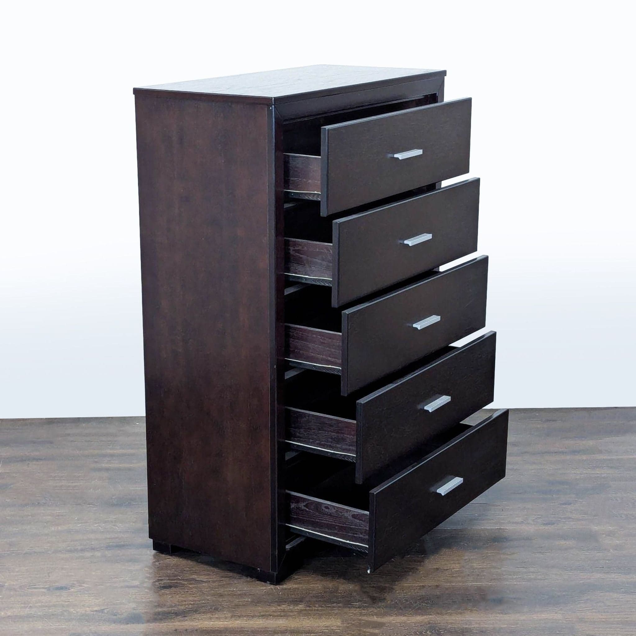 Modern 5-Drawer Dark Wood Dresser with Sleek Metal Handles - Thumbnail 2