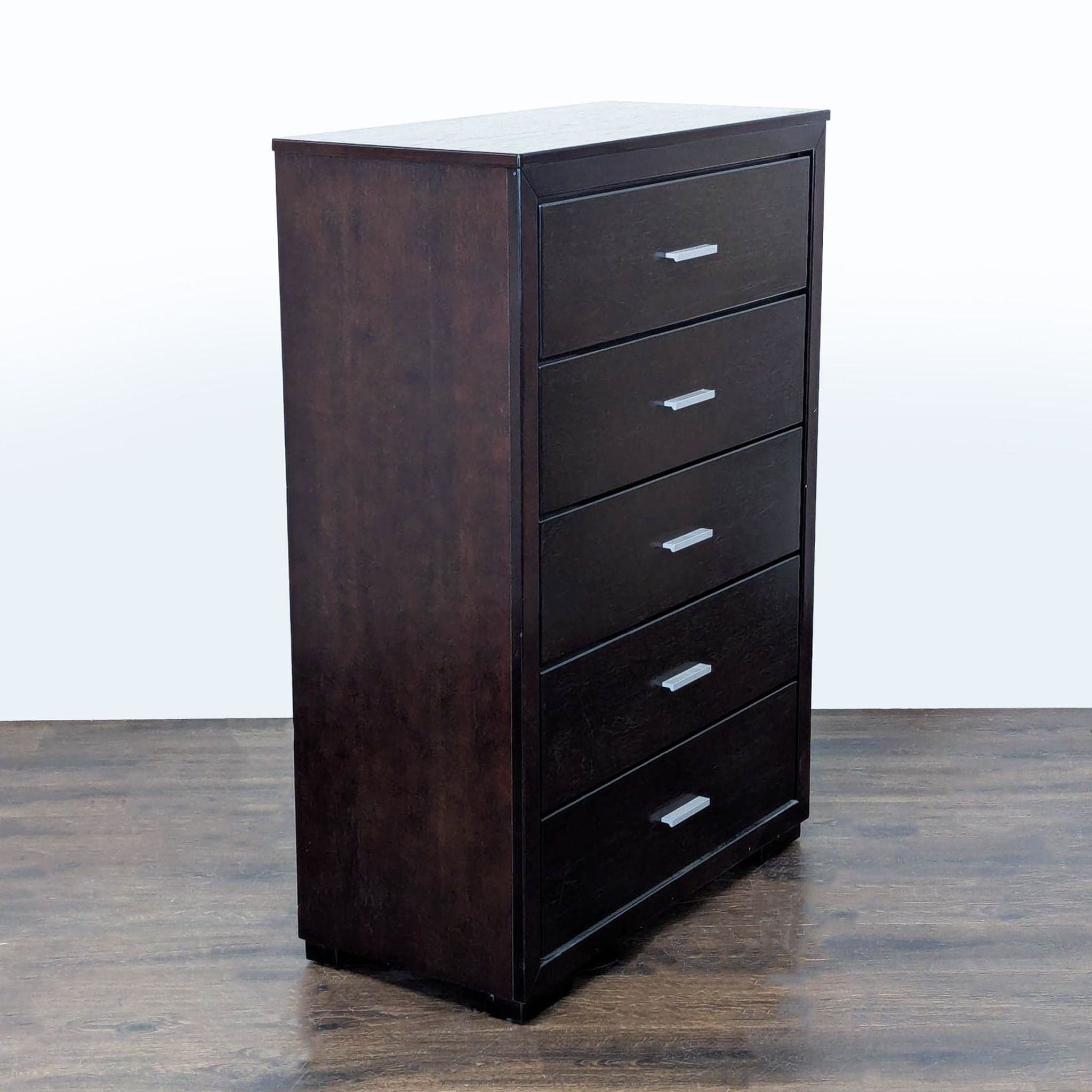 Modern 5-Drawer Dark Wood Dresser with Sleek Metal Handles - Thumbnail 3