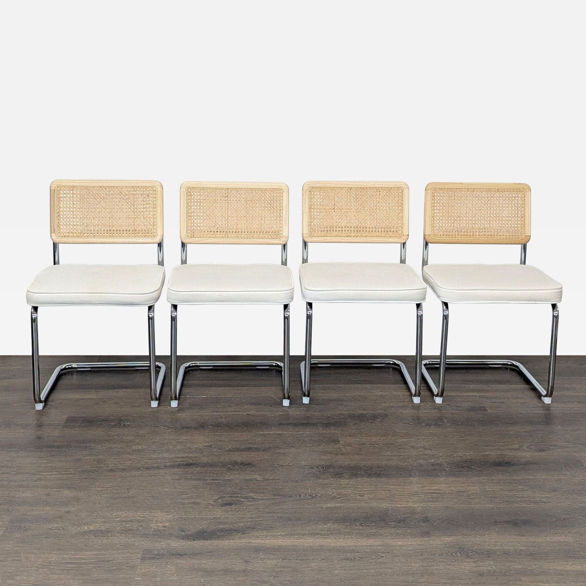 Modern 5-Piece Dining Set with Glass Table and Chrome & Cane Chairs - Thumbnail 4