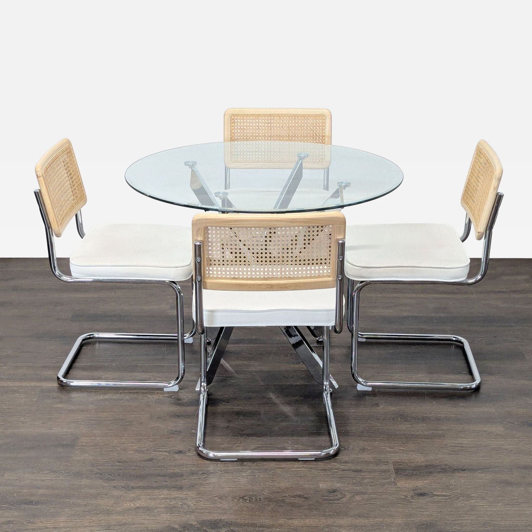 Modern 5-Piece Dining Set with Glass Table and Chrome & Cane Chairs - Thumbnail 3