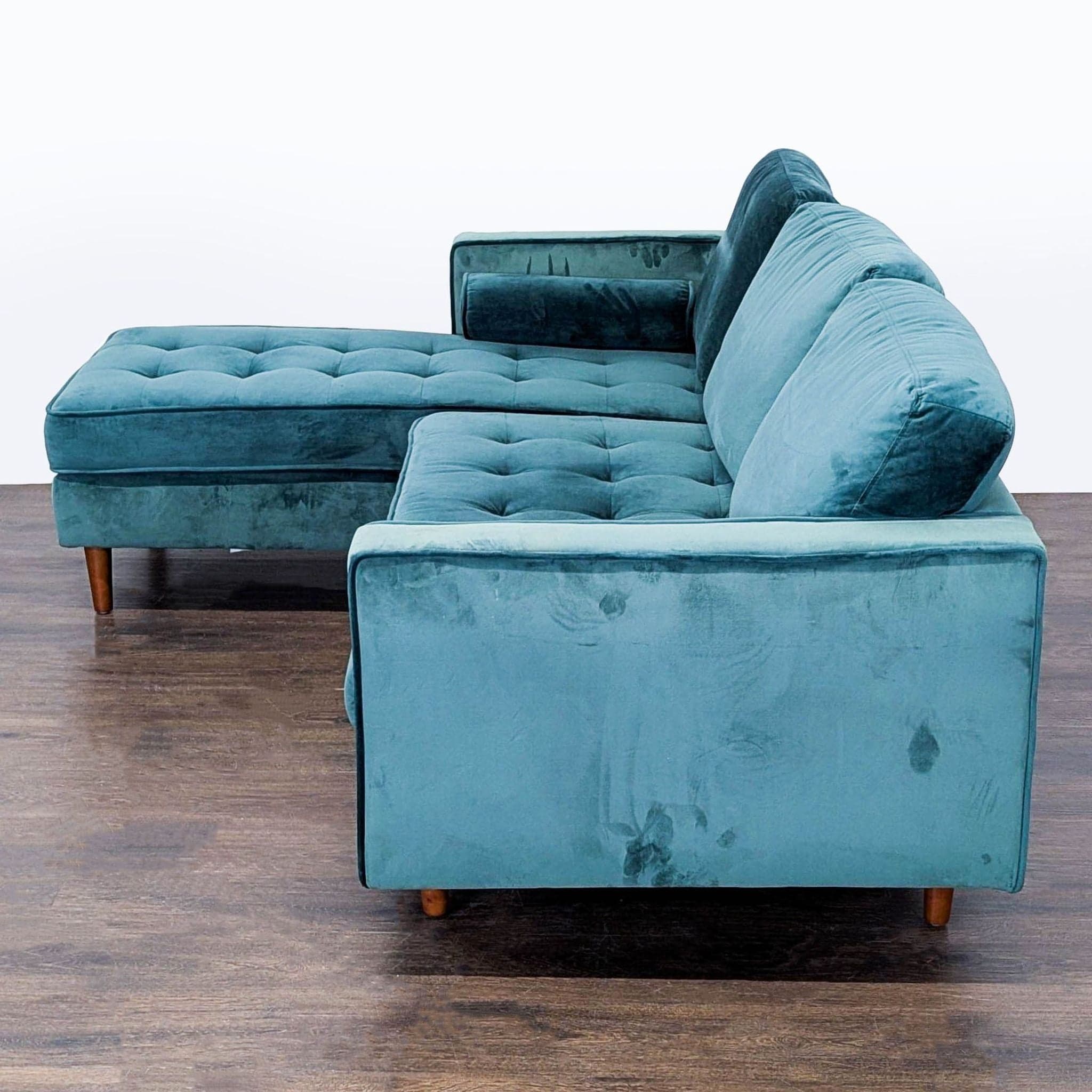 Modern Teal Velvet Sectional Sofa with Chaise Lounge and Wood Legs - Thumbnail 5