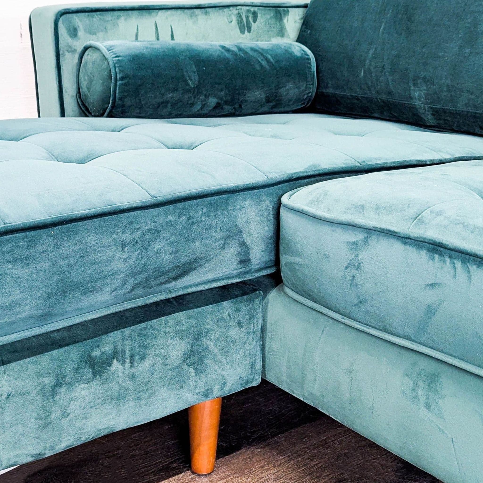 Modern Teal Velvet Sectional Sofa with Chaise Lounge and Wood Legs - Thumbnail 7