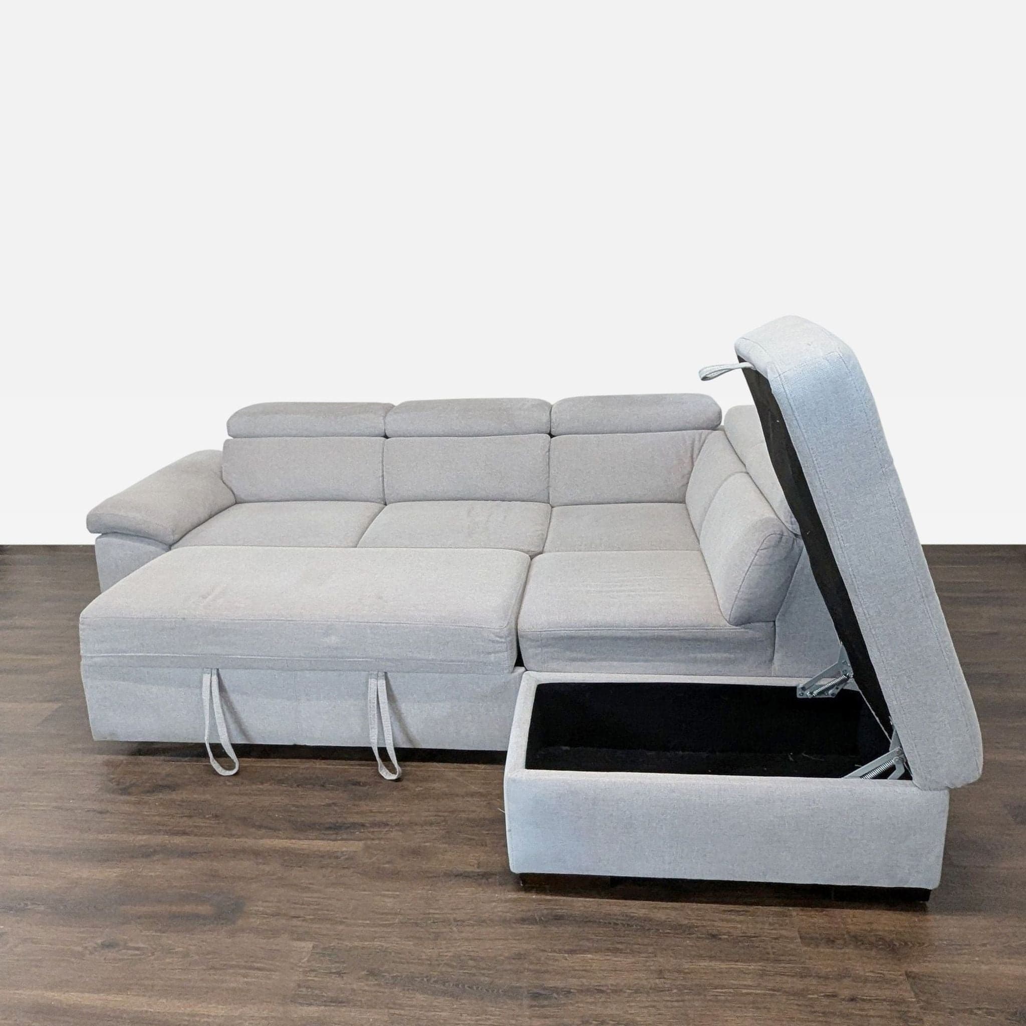 Living Spaces Modern Light Gray Sectional Sofa with Storage and Pull-Out Bed - Thumbnail 2