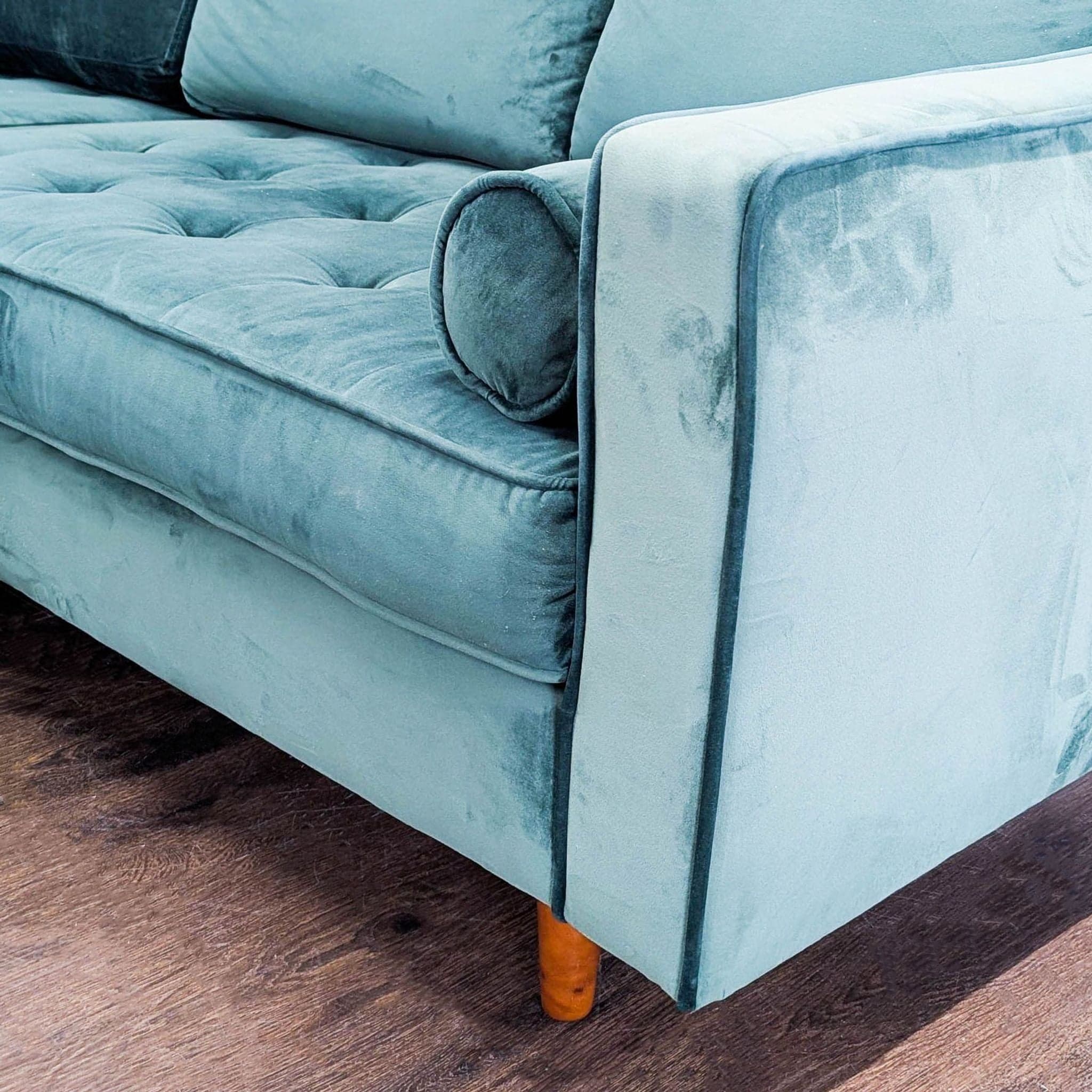 Modern Teal Velvet Sectional Sofa with Chaise Lounge and Wood Legs - Thumbnail 6