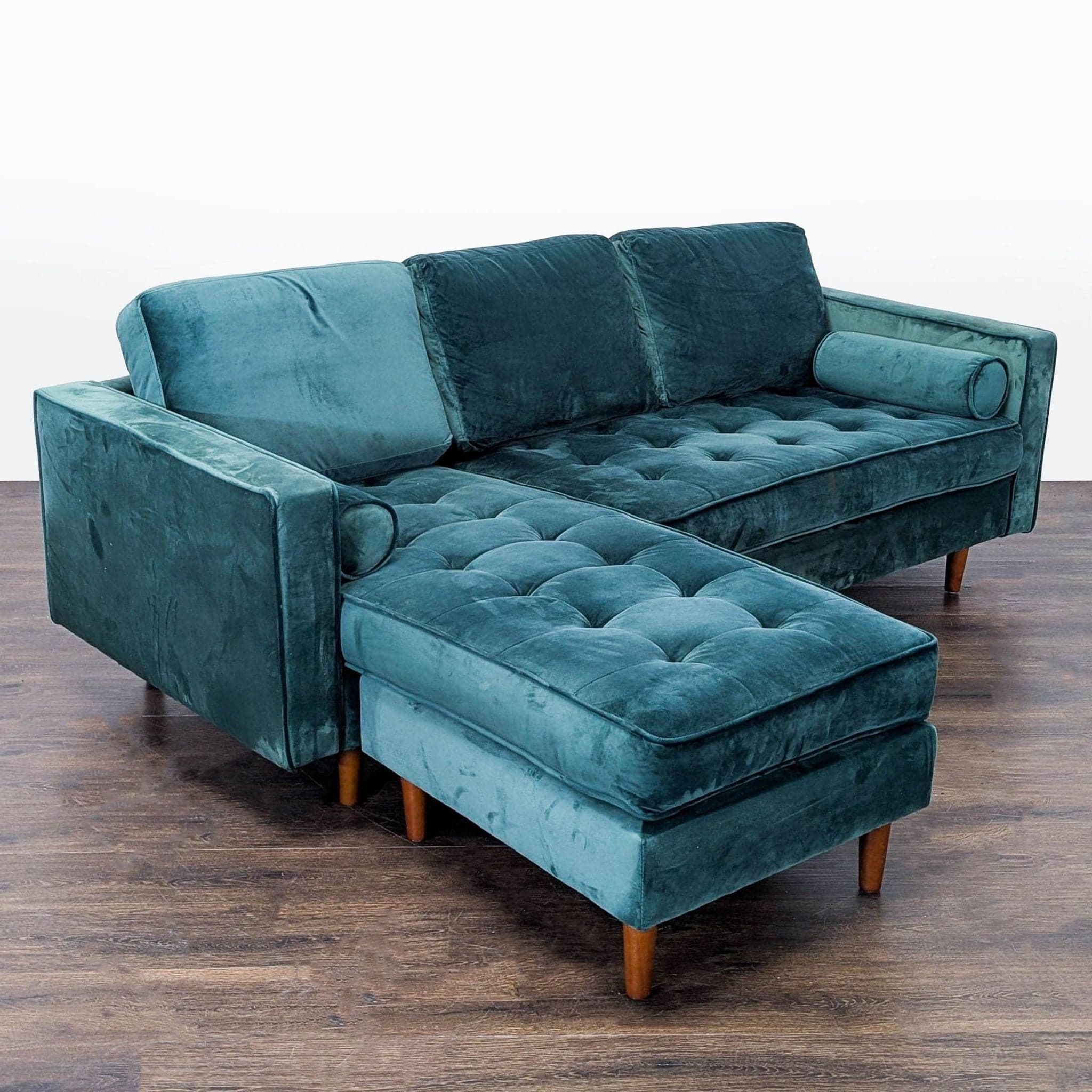 Modern Teal Velvet Sectional Sofa with Chaise Lounge and Wood Legs - Thumbnail 2