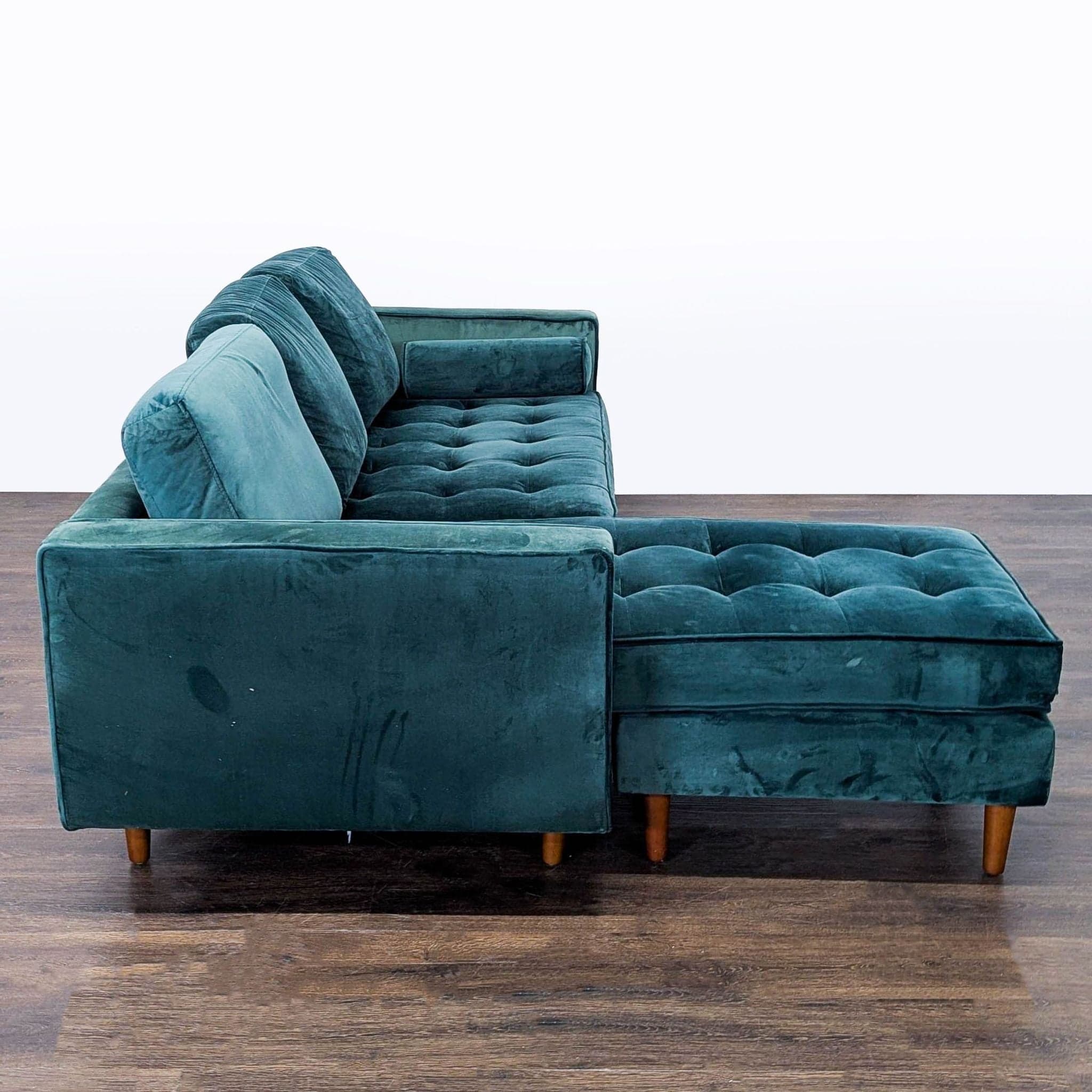 Modern Teal Velvet Sectional Sofa with Chaise Lounge and Wood Legs - Thumbnail 3