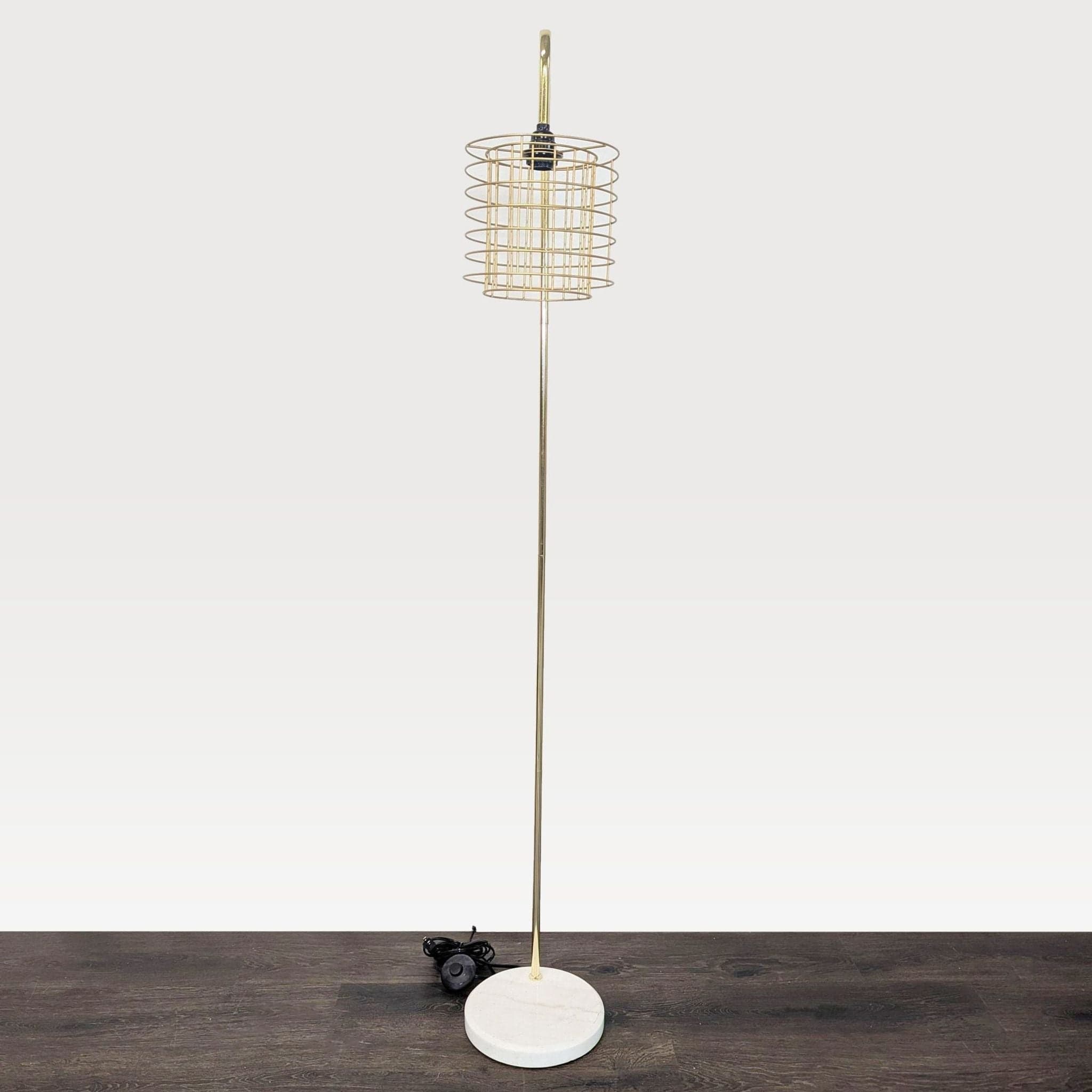 Modern Gold Floor Lamp with Wire Cage Shade and Marble Base