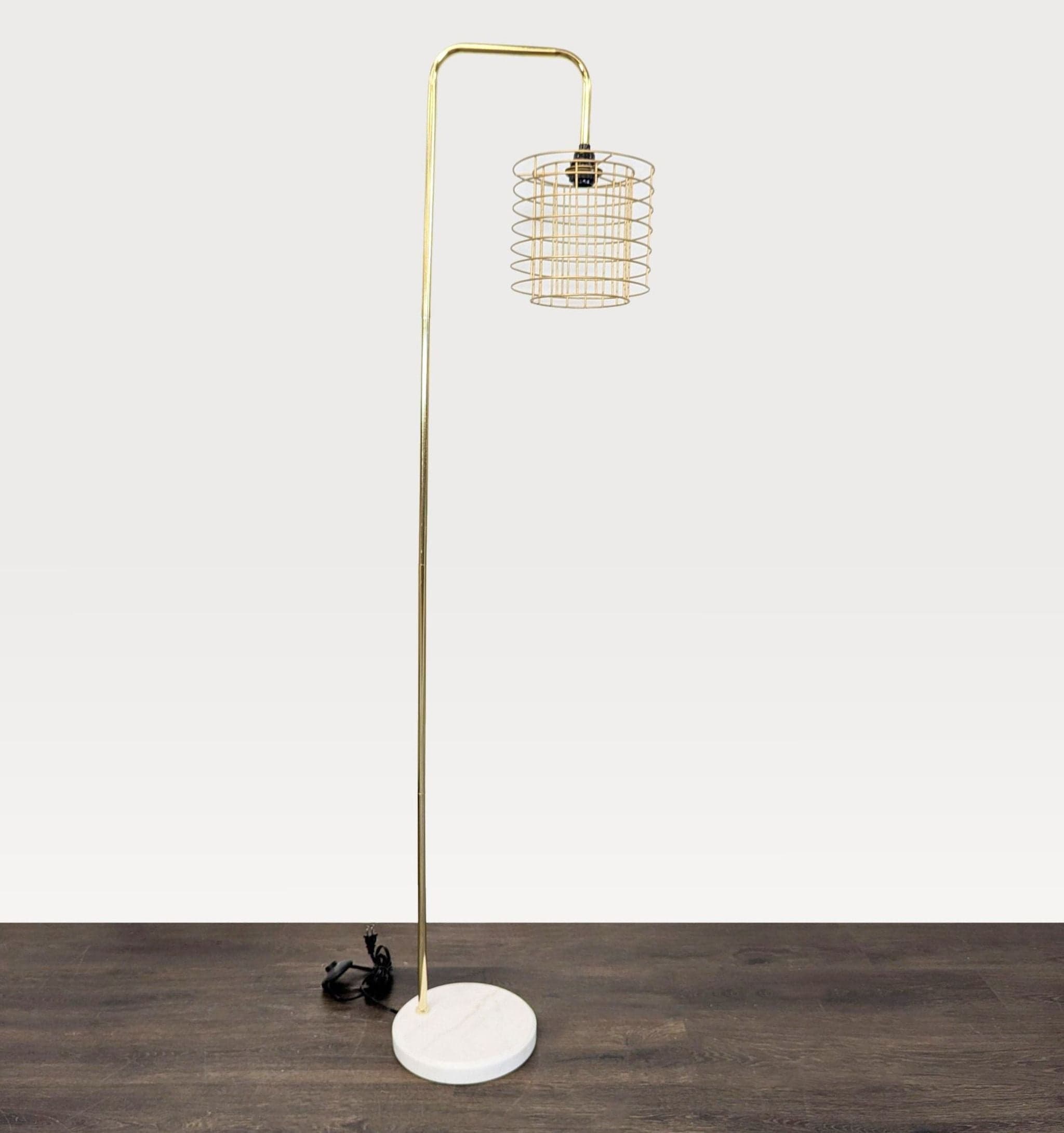 Modern Gold Floor Lamp with Wire Cage Shade and Marble Base - Thumbnail 6