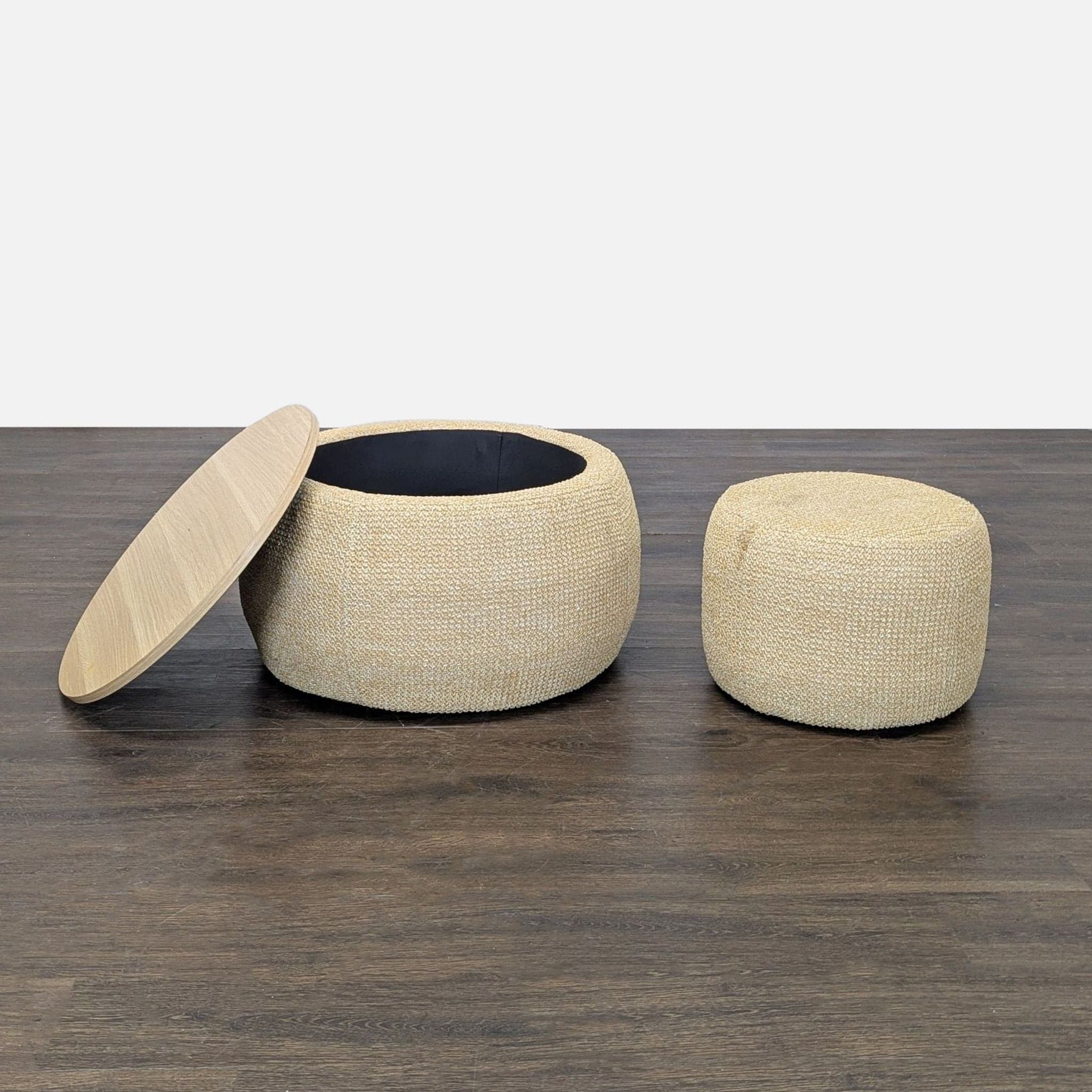 Upholstered Storage Ottoman Set with Removable Wood Tray - Thumbnail 2