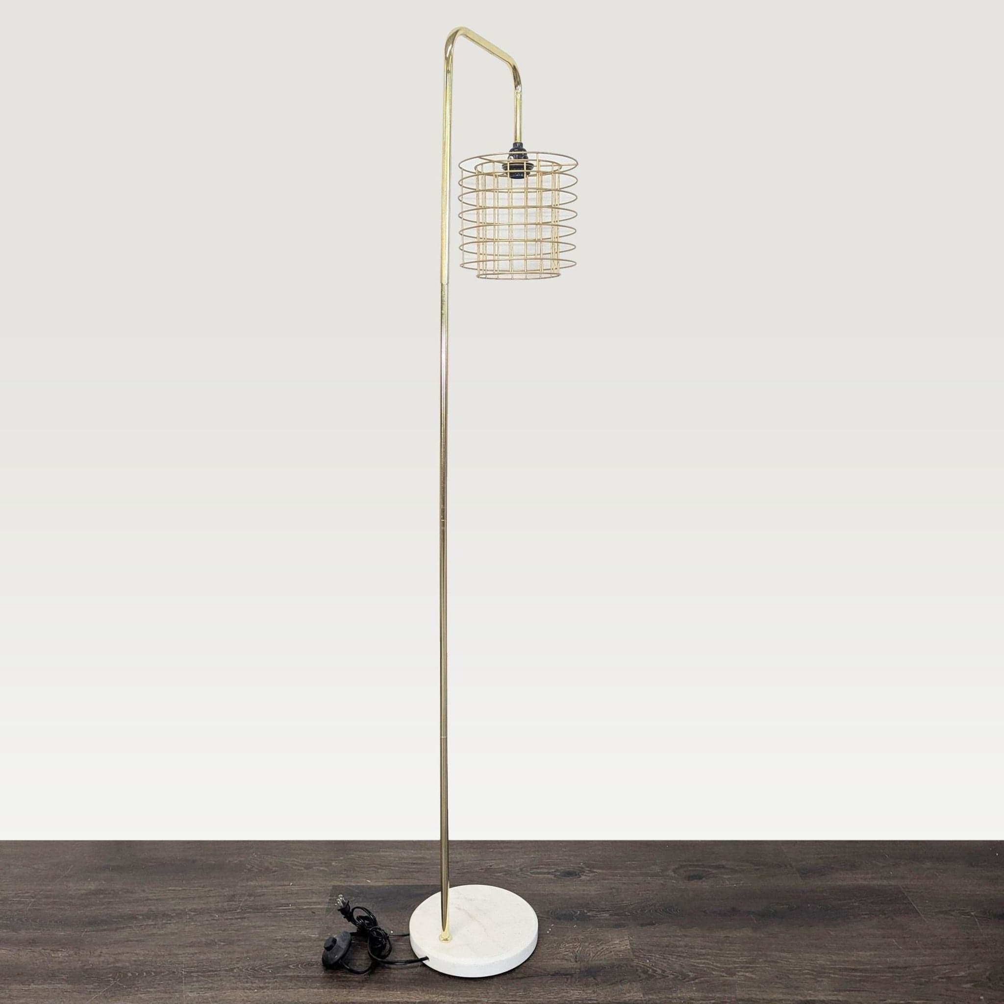 Modern Gold Floor Lamp with Wire Cage Shade and Marble Base - Thumbnail 7