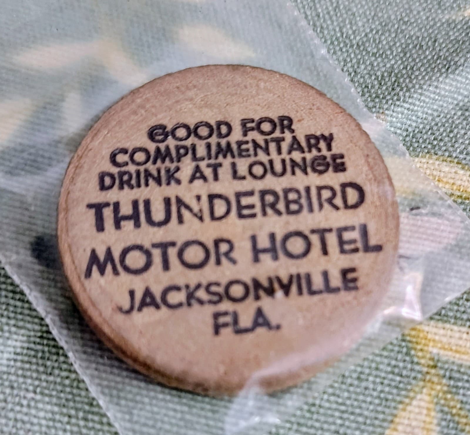 Vintage Jacksonville, Florida Wooden Nickel Token - Thunderbird Motor Hotel