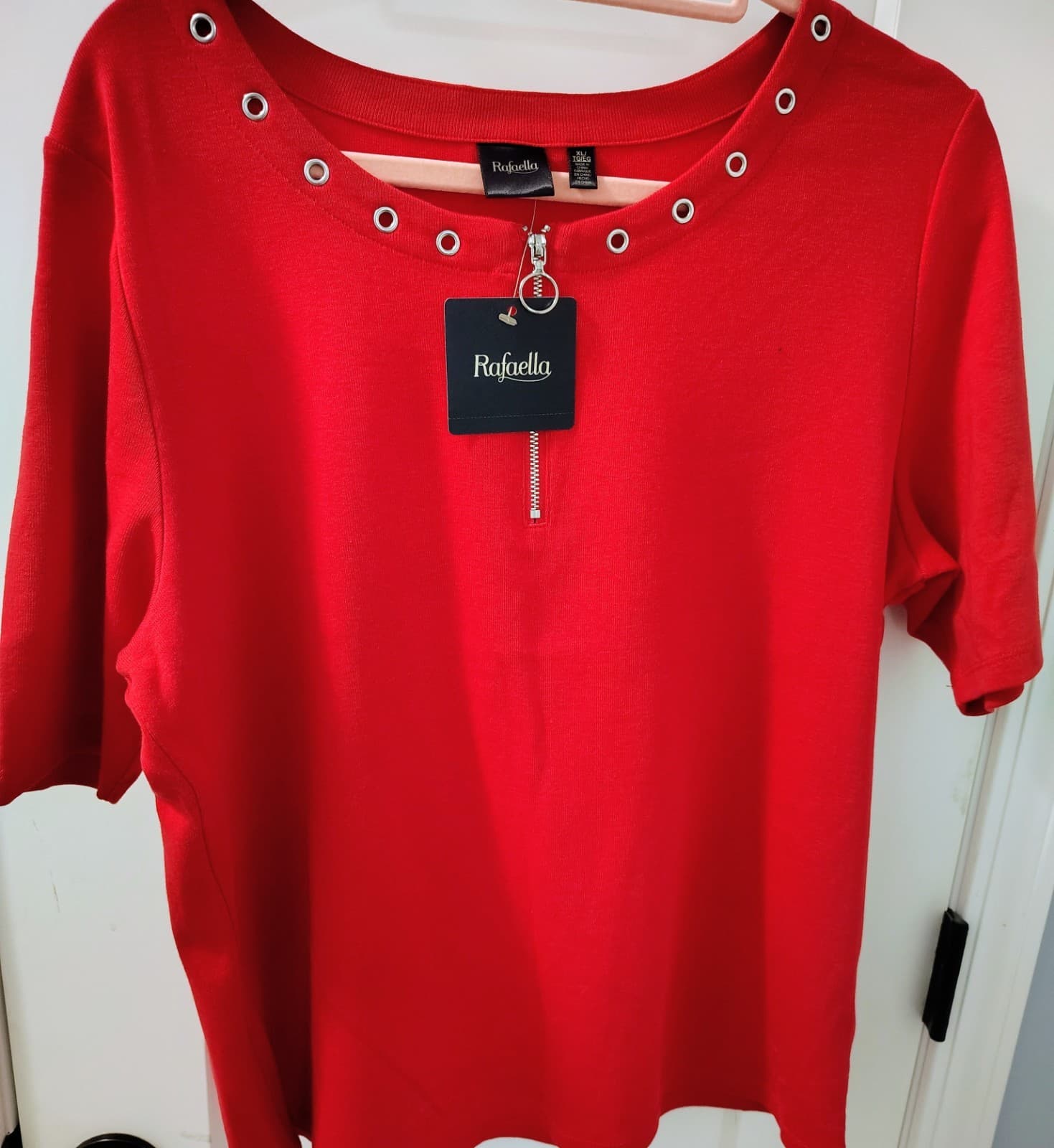 NWT Rafaella Red Short Sleeve Women's Top With Grommets, XL