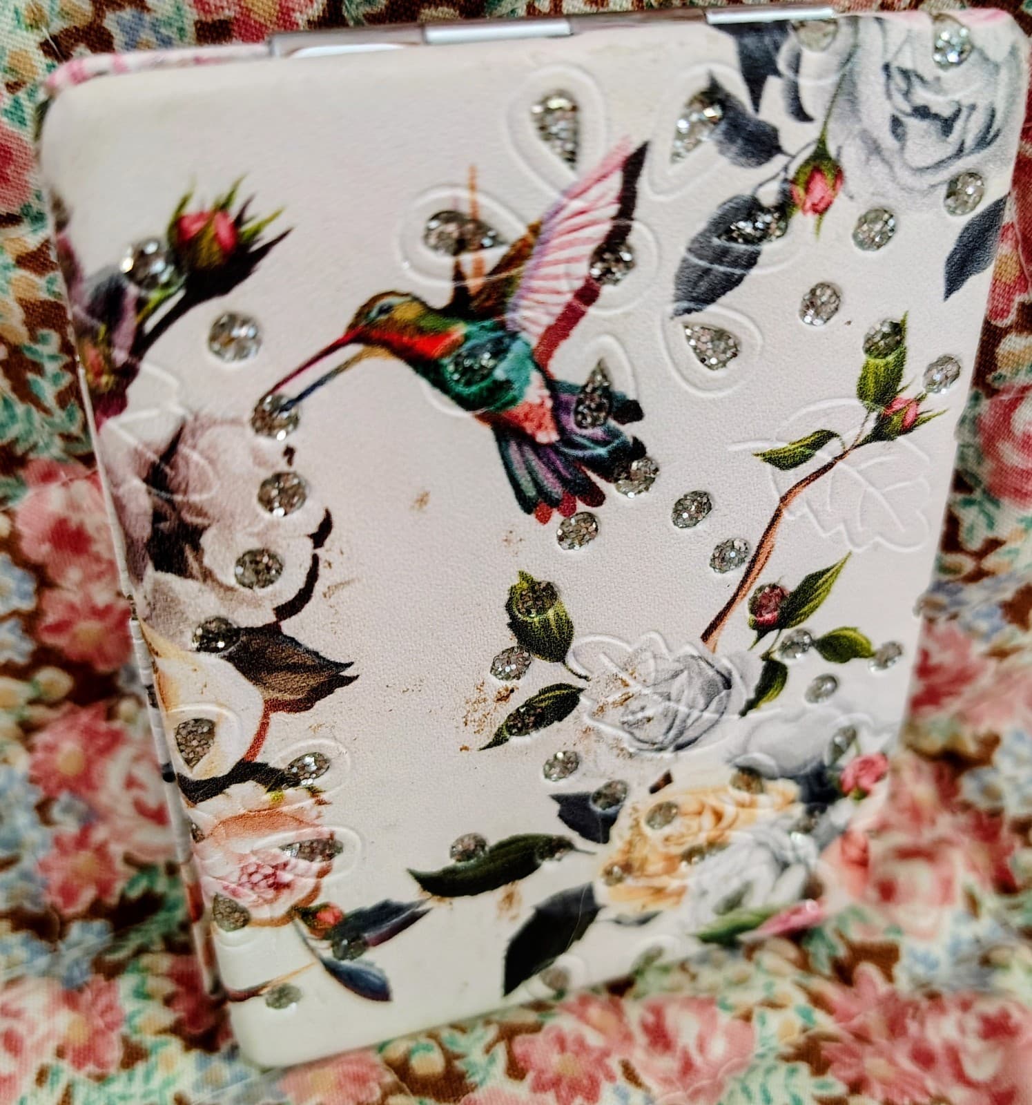 New Metal Case Hinged Pocket Mirror, Floral, Hummingbirds - Thumbnail 2