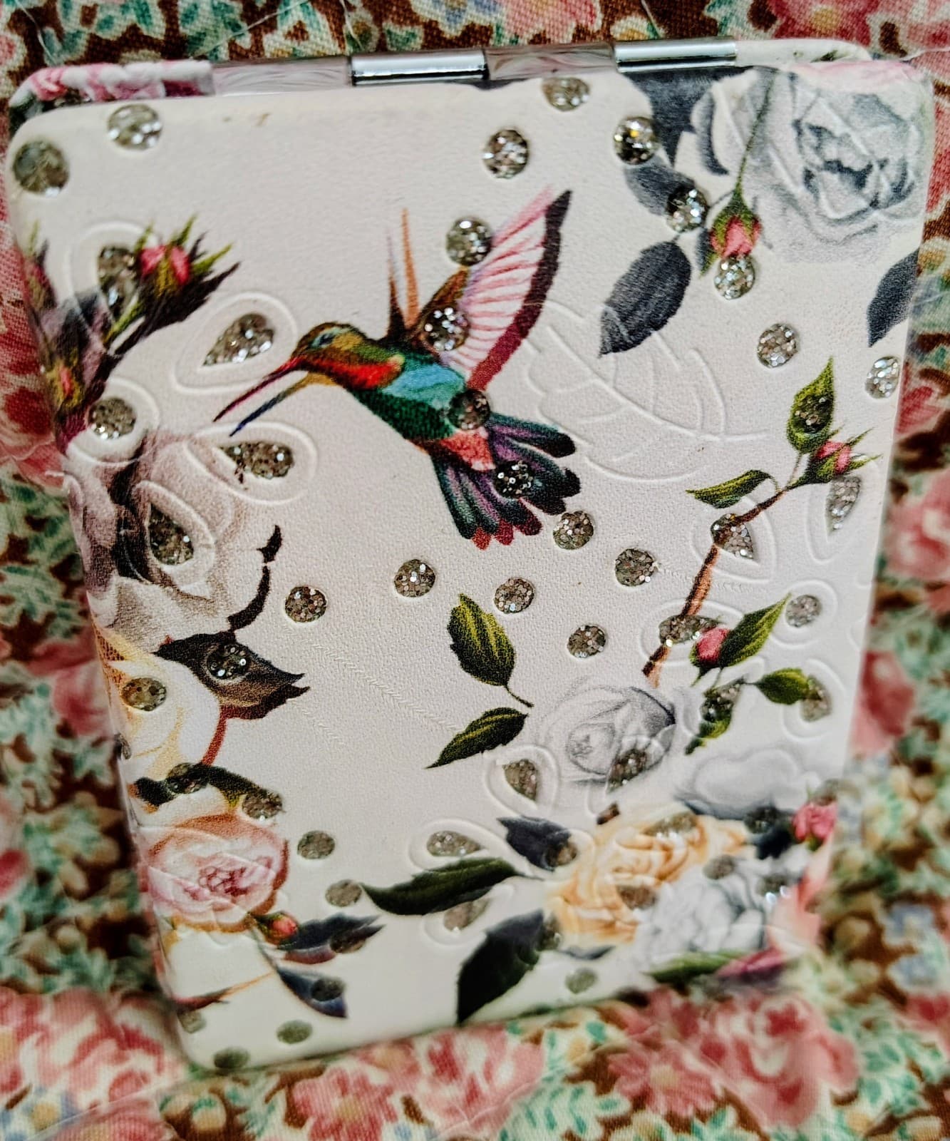 New Metal Case Hinged Pocket Mirror, Floral, Hummingbirds