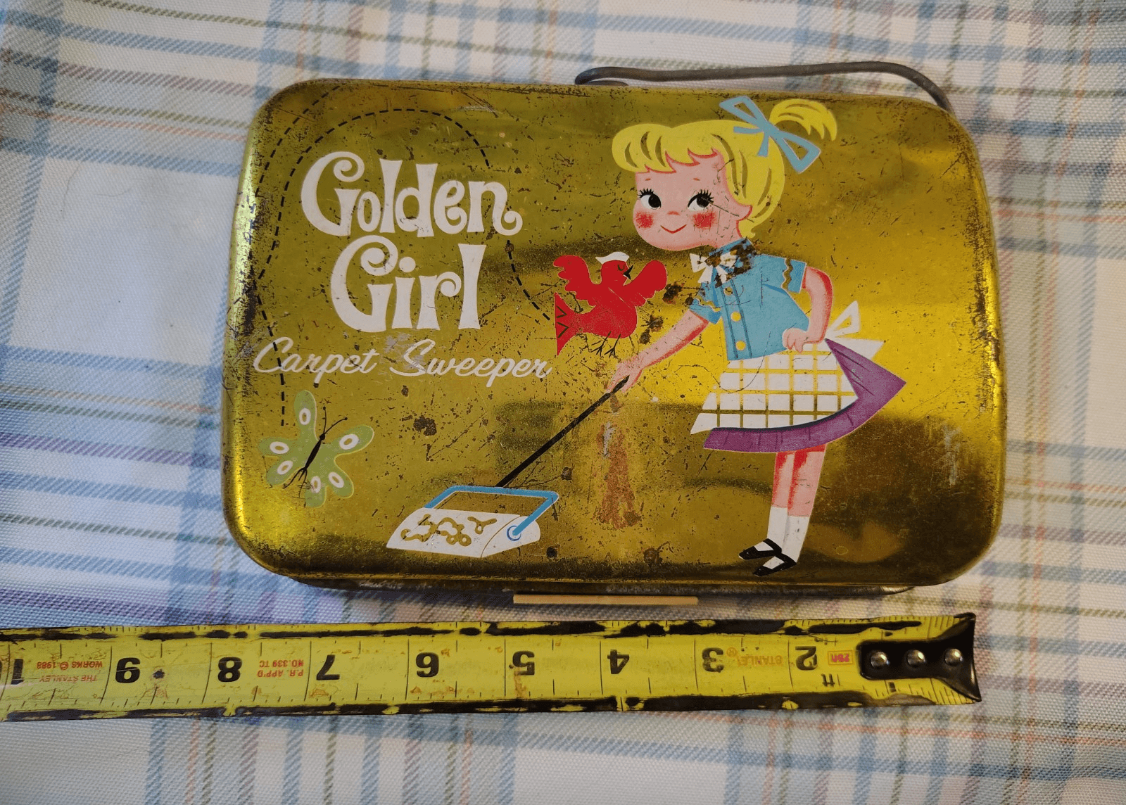 Golden Girl Vintage Tin Carpet Sweeper Toy with Handle and Brush - Thumbnail 2