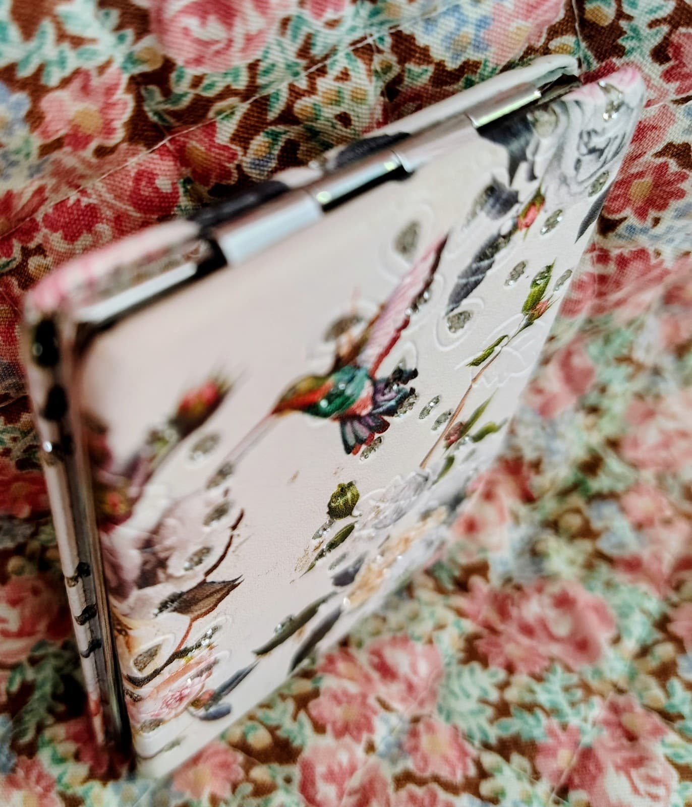 New Metal Case Hinged Pocket Mirror, Floral, Hummingbirds - Thumbnail 3