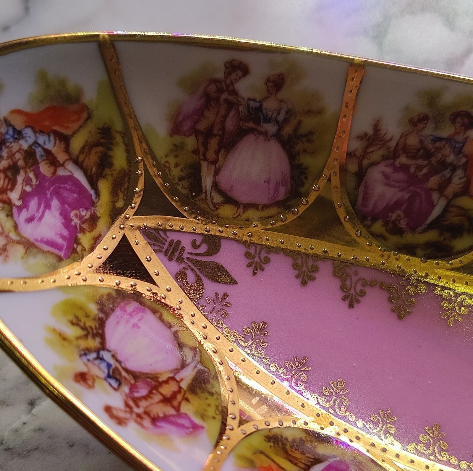 Alt Wien Porcelain Oval Bowl Pink Gold Victorian Romantic Couple Scenes - Thumbnail 2