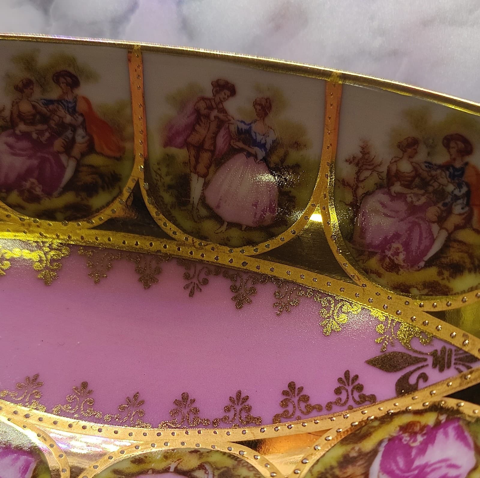 Alt Wien Porcelain Oval Bowl Pink Gold Victorian Romantic Couple Scenes - Thumbnail 3