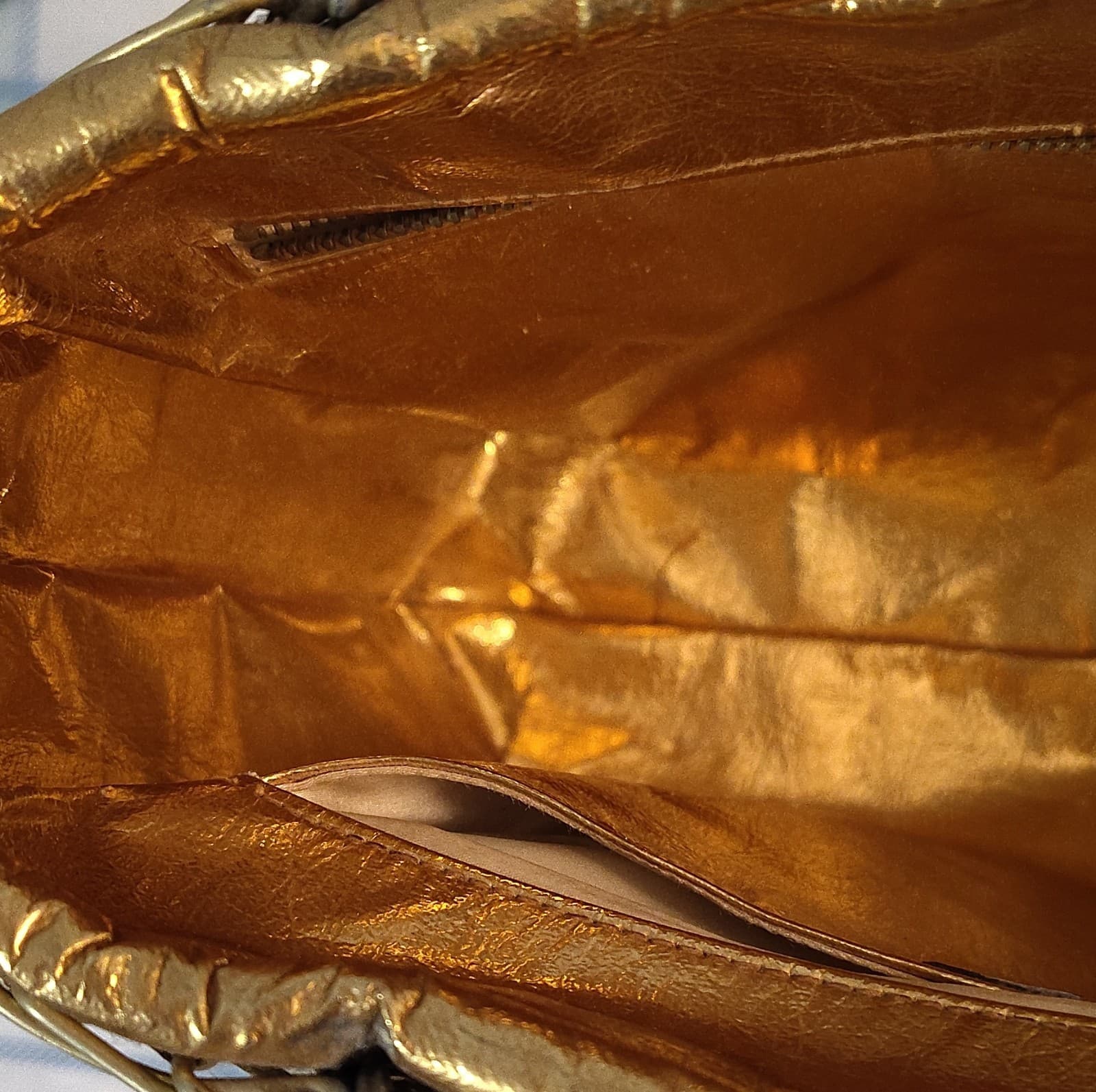 Vintage Woven Metallic Trim Beige Gold Tote Bag Double Handles - Thumbnail 4
