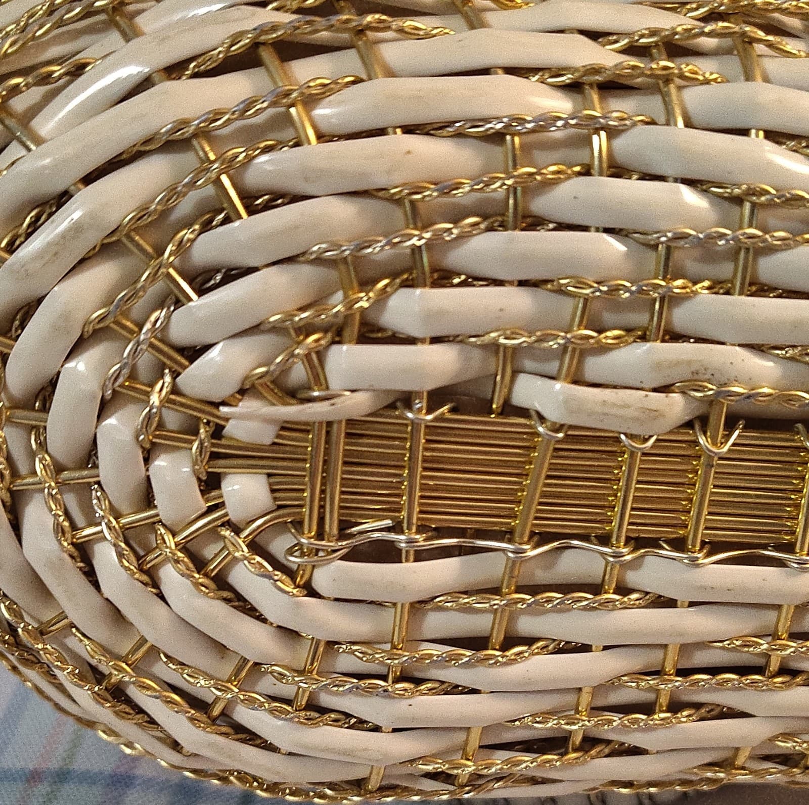 Vintage Woven Metallic Trim Beige Gold Tote Bag Double Handles - Thumbnail 11