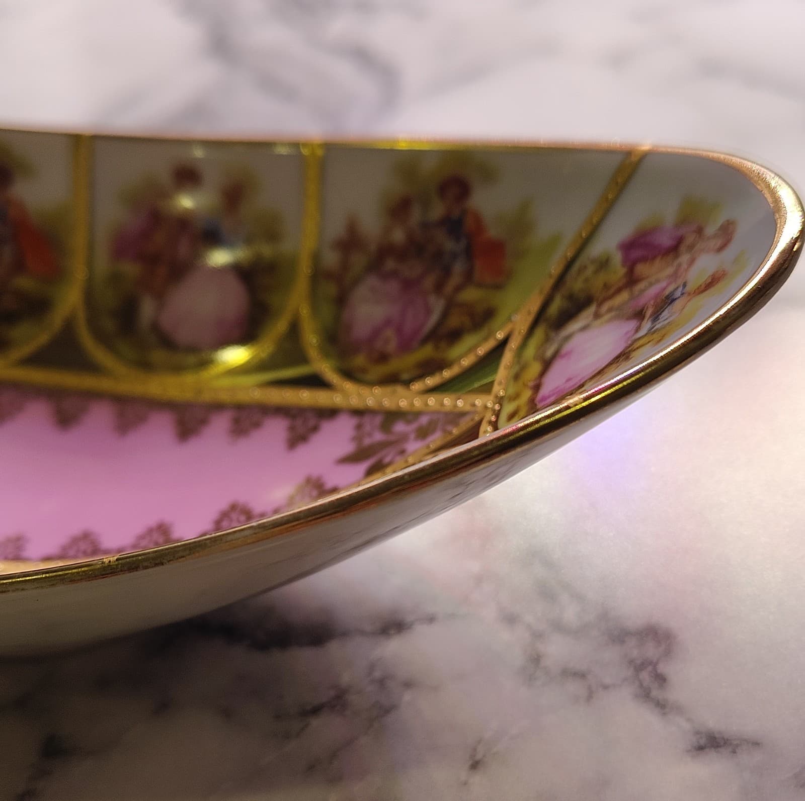 Alt Wien Porcelain Oval Bowl Pink Gold Victorian Romantic Couple Scenes - Thumbnail 8