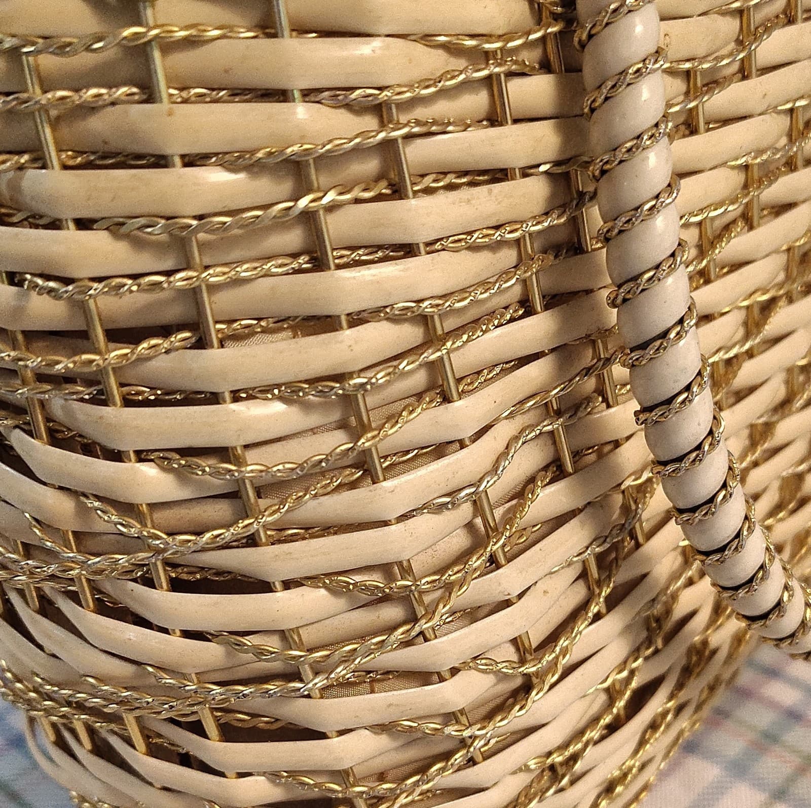 Vintage Woven Metallic Trim Beige Gold Tote Bag Double Handles - Thumbnail 7