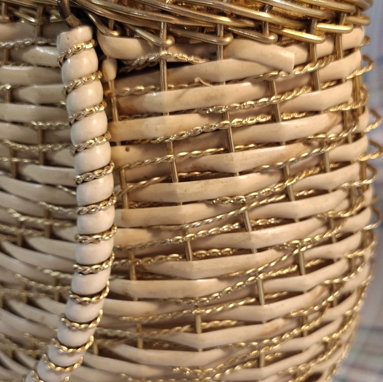 Vintage Woven Metallic Trim Beige Gold Tote Bag Double Handles - Thumbnail 6