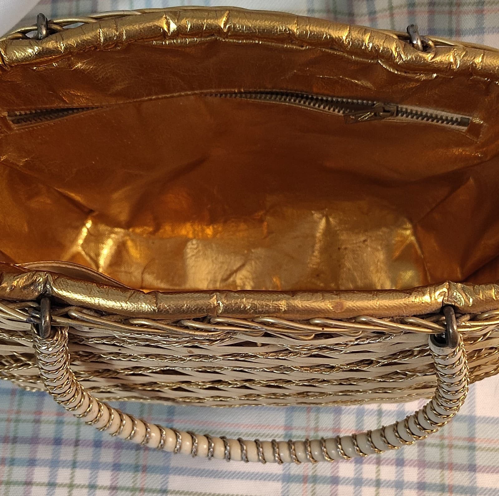 Vintage Woven Metallic Trim Beige Gold Tote Bag Double Handles - Thumbnail 3