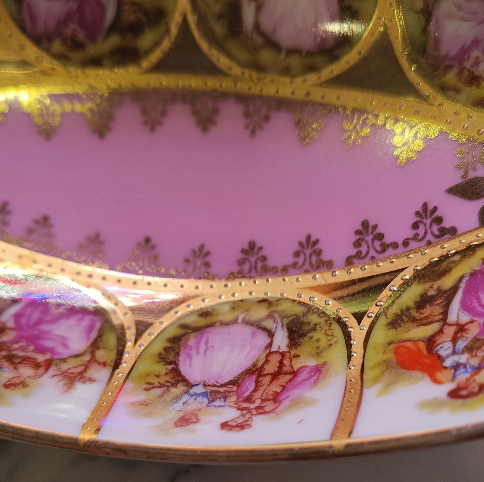 Alt Wien Porcelain Oval Bowl Pink Gold Victorian Romantic Couple Scenes - Thumbnail 5