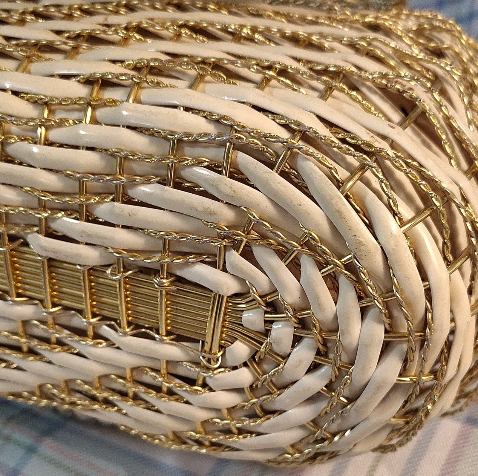 Vintage Woven Metallic Trim Beige Gold Tote Bag Double Handles - Thumbnail 12