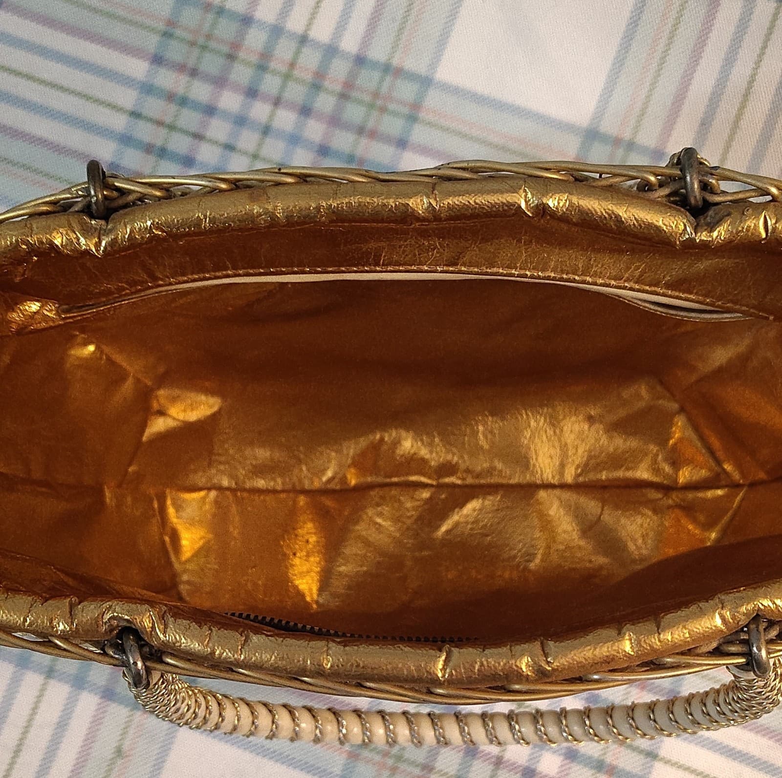 Vintage Woven Metallic Trim Beige Gold Tote Bag Double Handles - Thumbnail 10