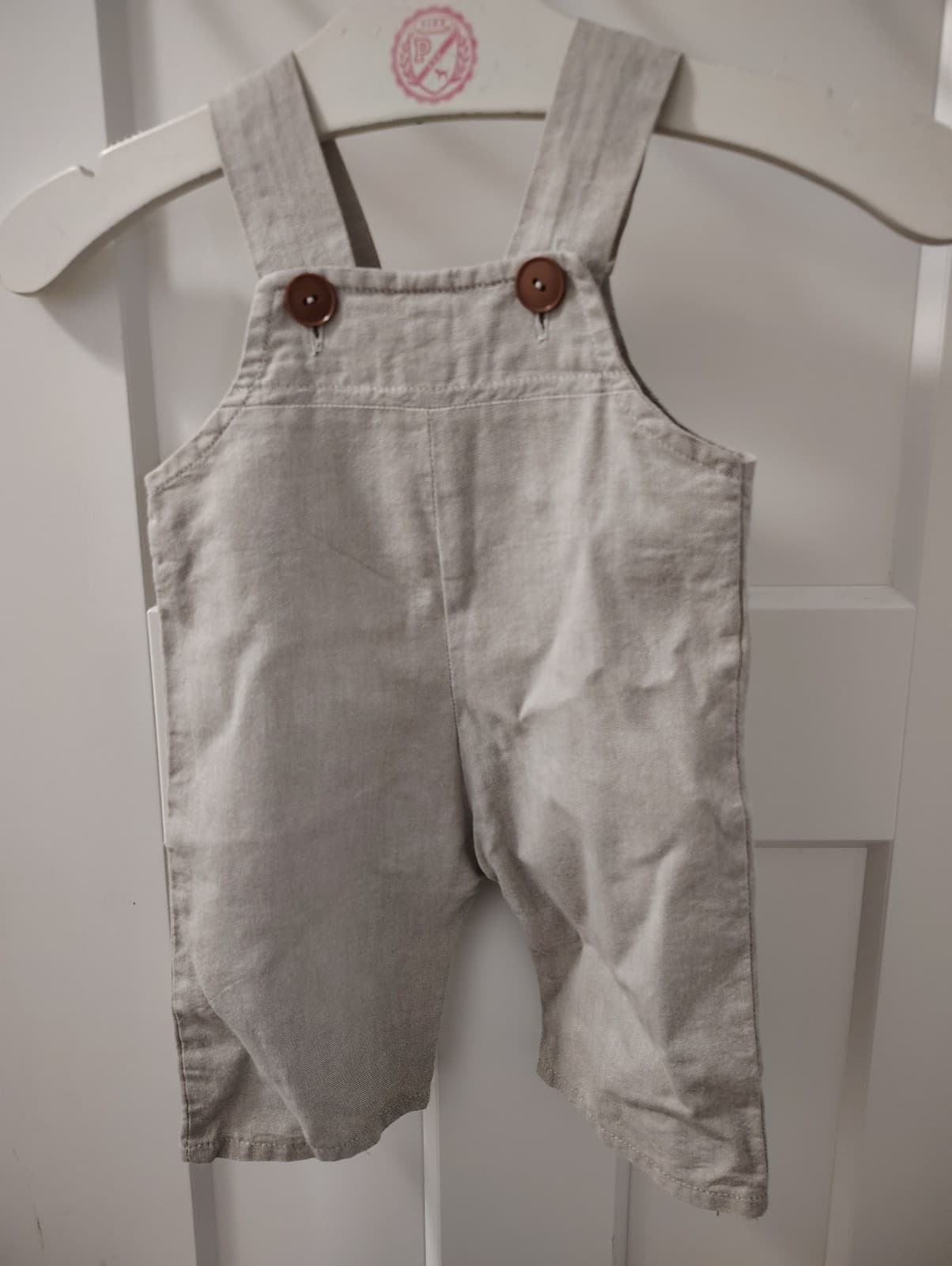 Amish Handmade Baby Toddler Boys Beige Linen Overalls - Thumbnail 4