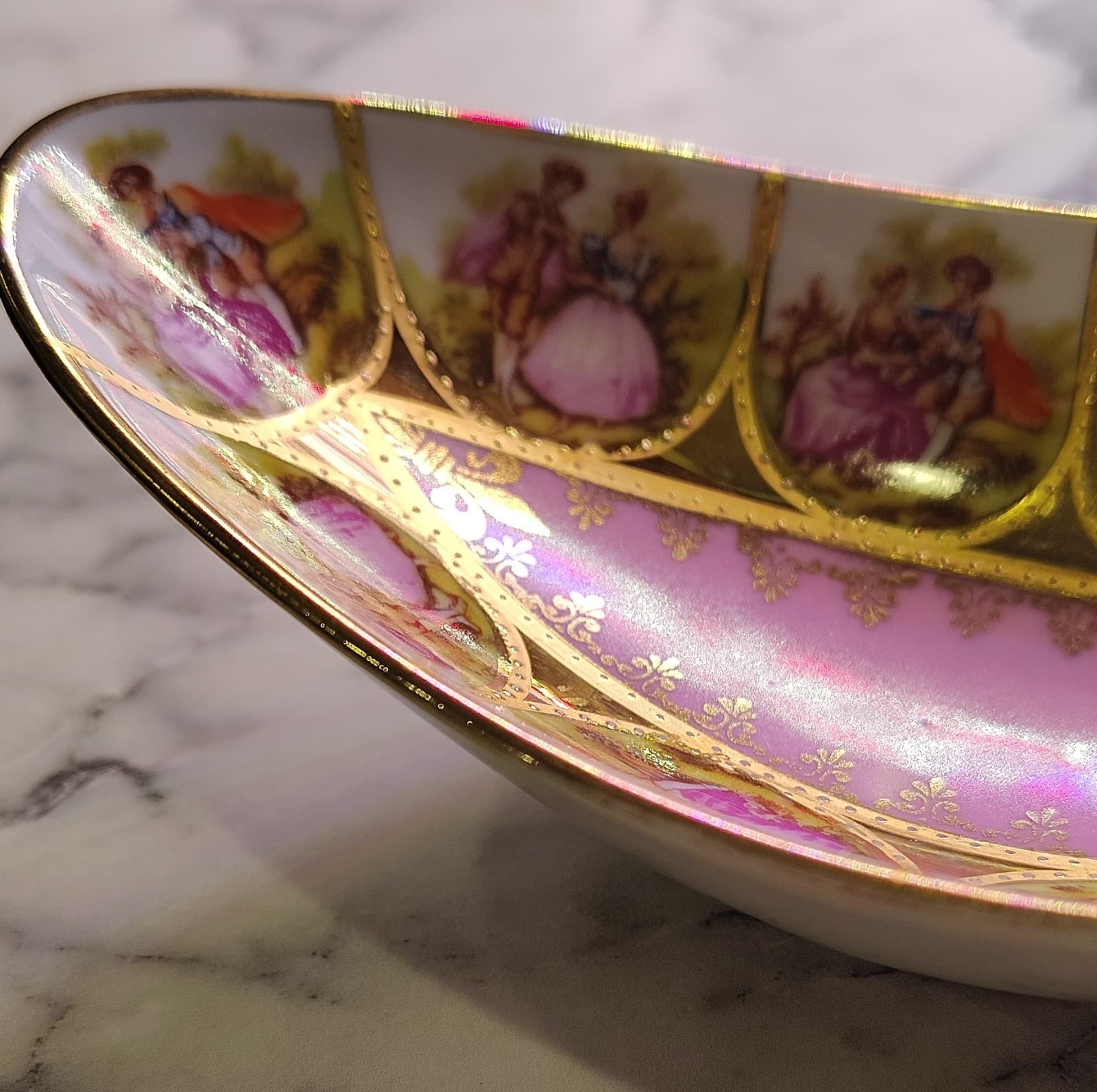 Alt Wien Porcelain Oval Bowl Pink Gold Victorian Romantic Couple Scenes - Thumbnail 7