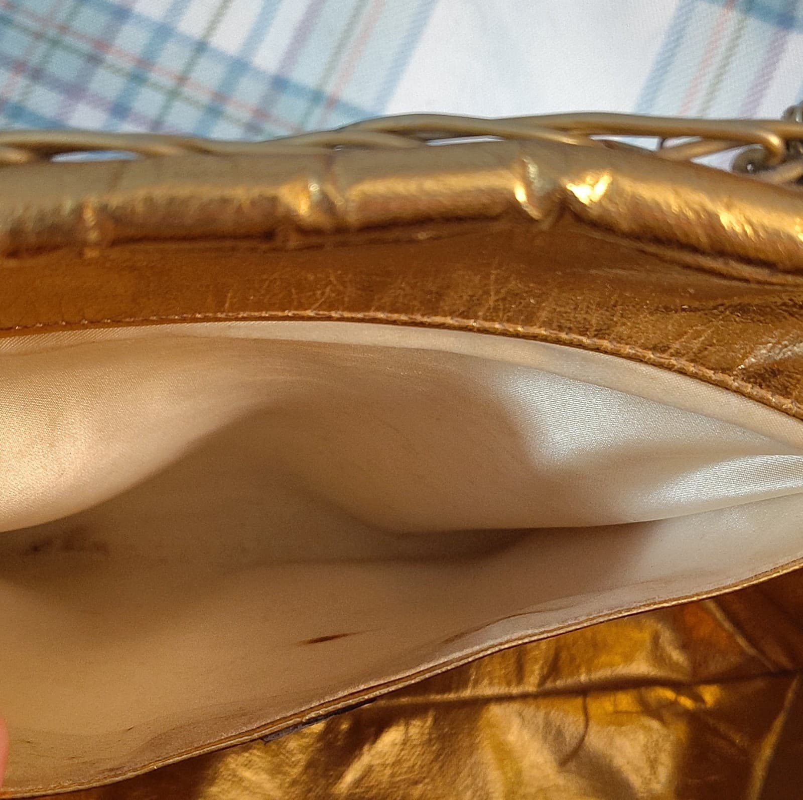 Vintage Woven Metallic Trim Beige Gold Tote Bag Double Handles - Thumbnail 9