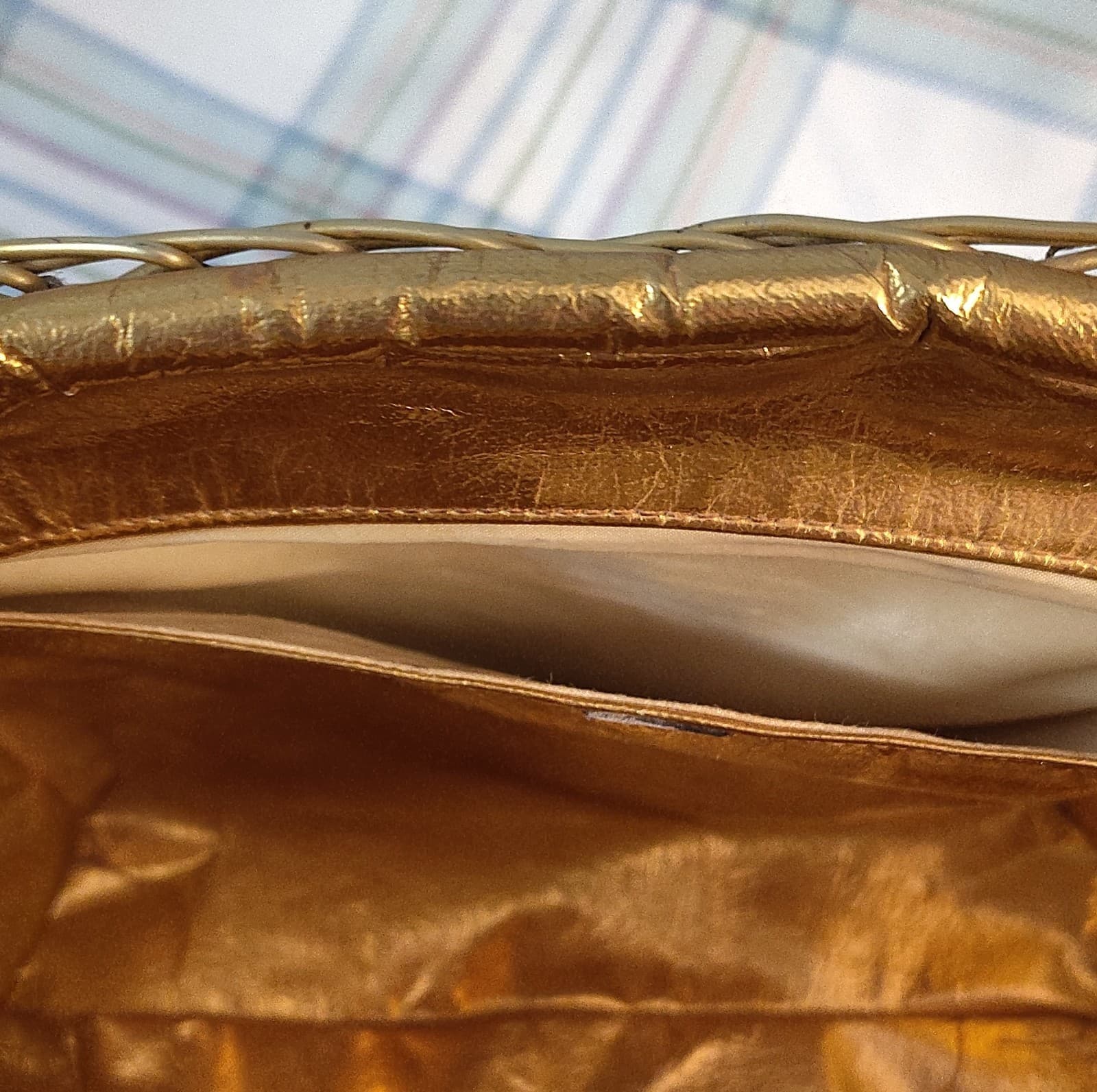 Vintage Woven Metallic Trim Beige Gold Tote Bag Double Handles - Thumbnail 8