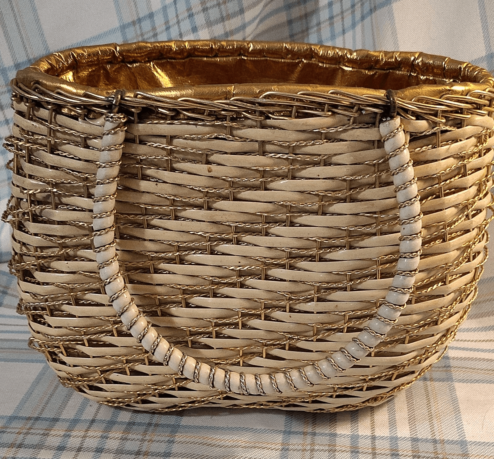 Vintage Woven Metallic Trim Beige Gold Tote Bag Double Handles