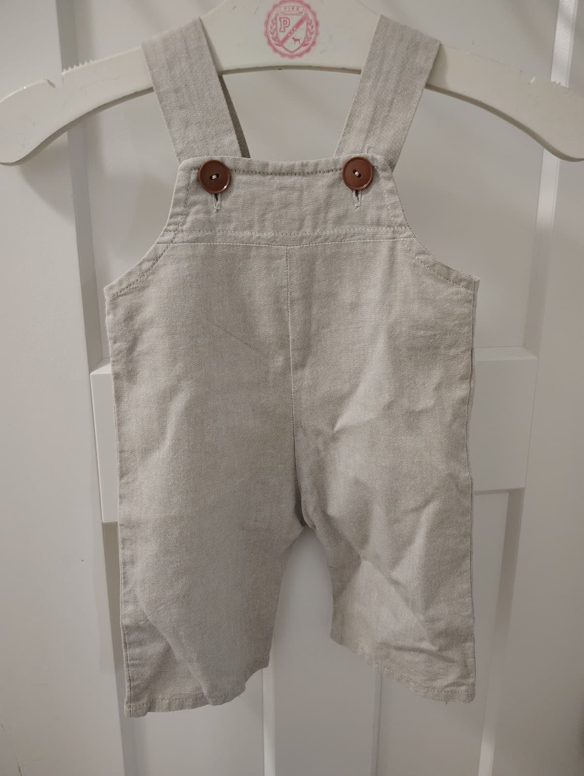 Amish Handmade Baby Toddler Boys Beige Linen Overalls - Thumbnail 2