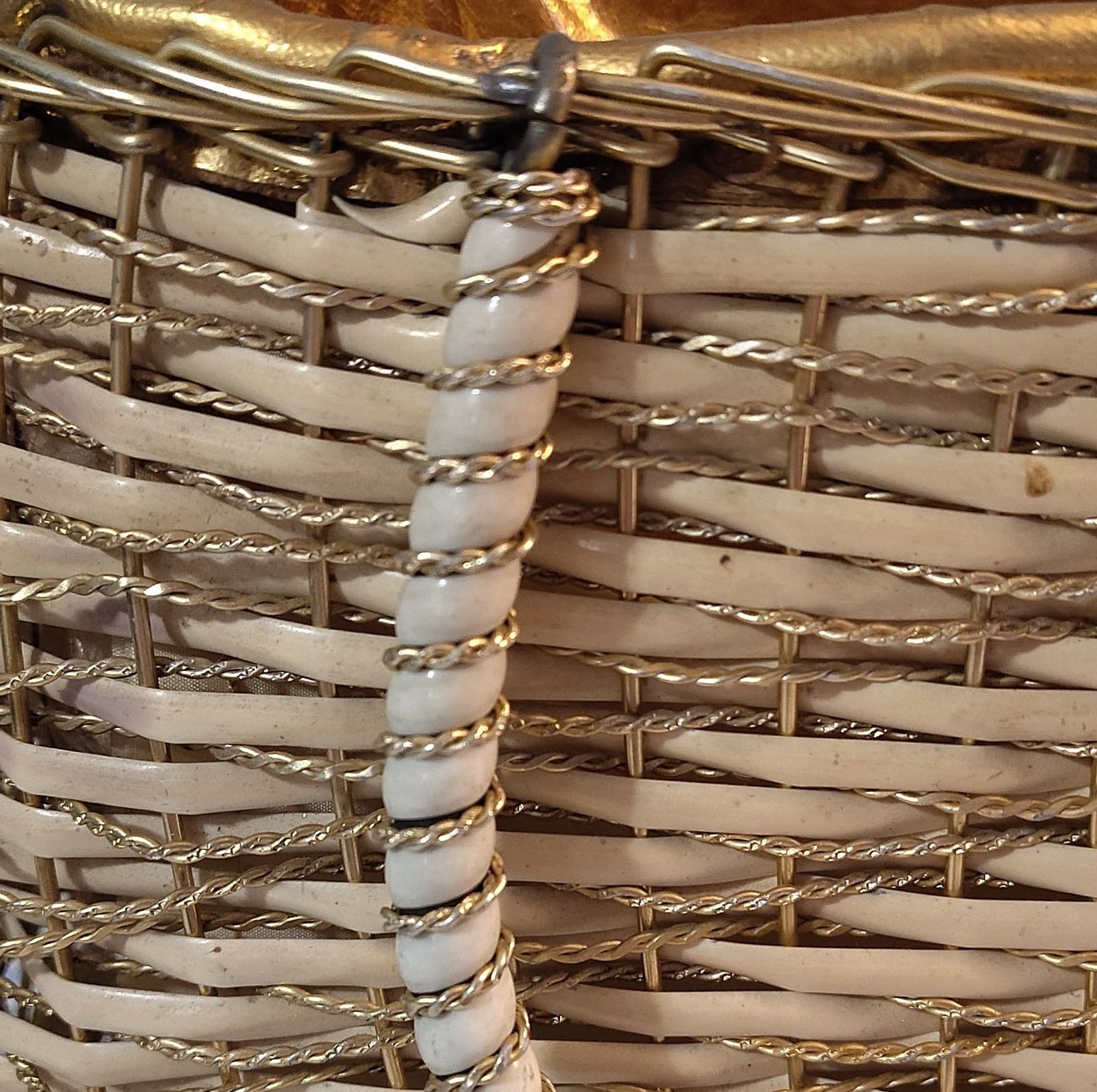 Vintage Woven Metallic Trim Beige Gold Tote Bag Double Handles - Thumbnail 2