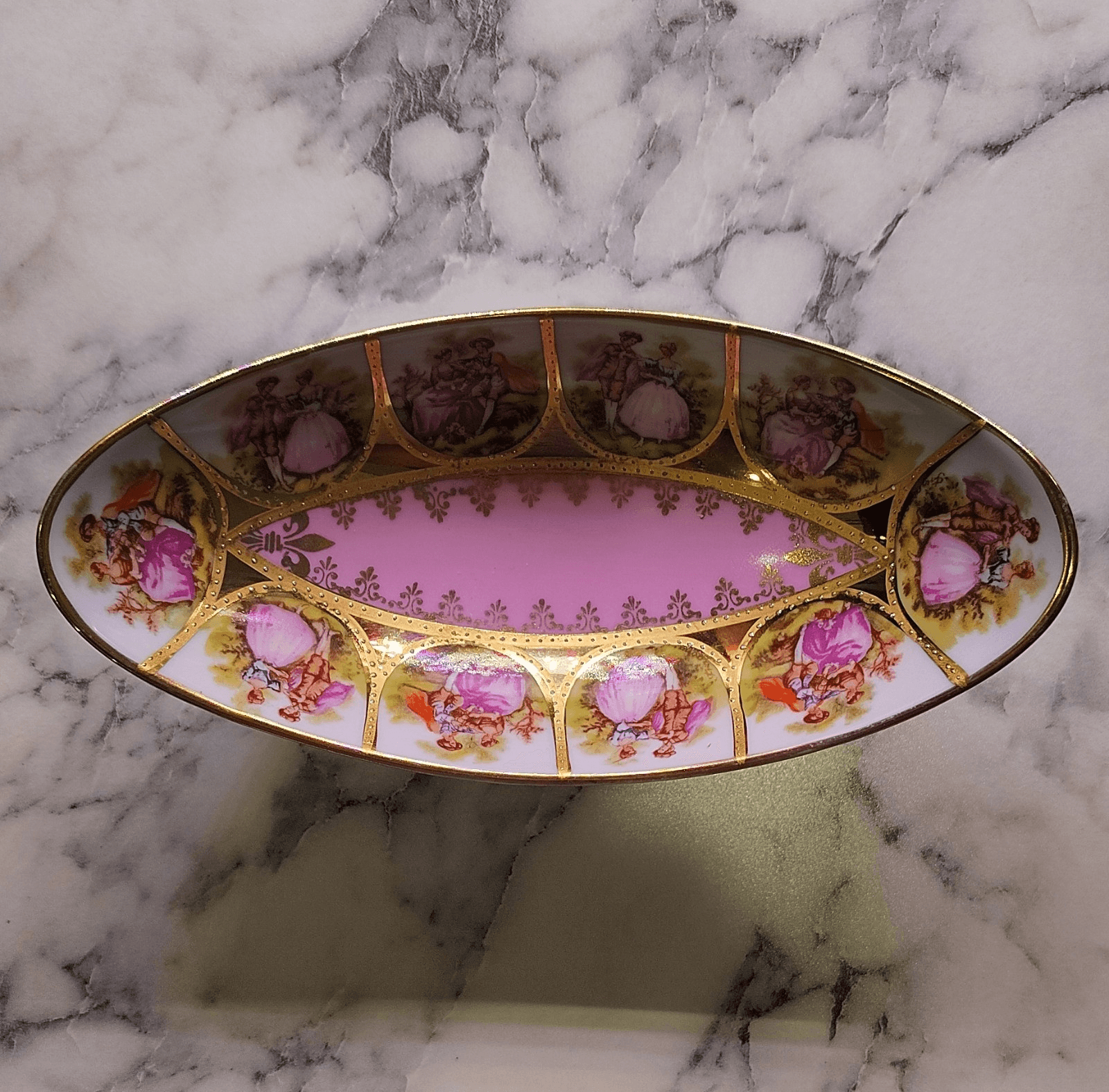 Alt Wien Porcelain Oval Bowl Pink Gold Victorian Romantic Couple Scenes
