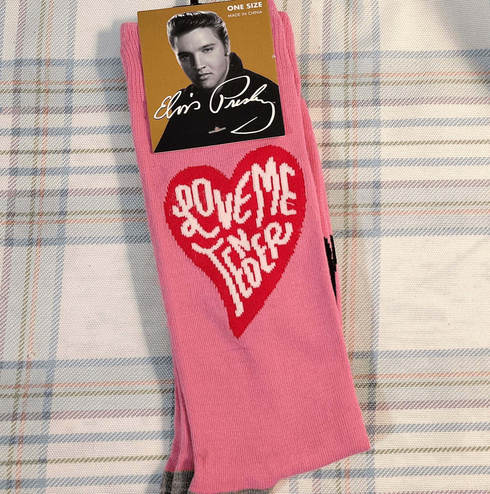 Elvis Presley Love Me Tender Pink Crew Socks Heart Pattern One Size Polyester