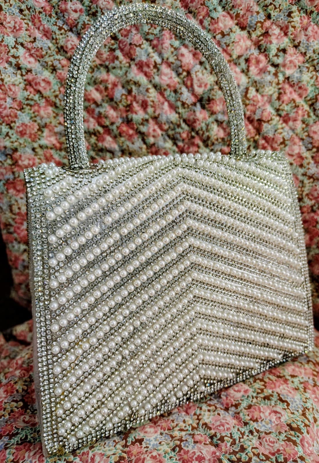 White/Ivory Beaded Embellished Formal Dress Handbag Metal Chain Strap - Thumbnail 6